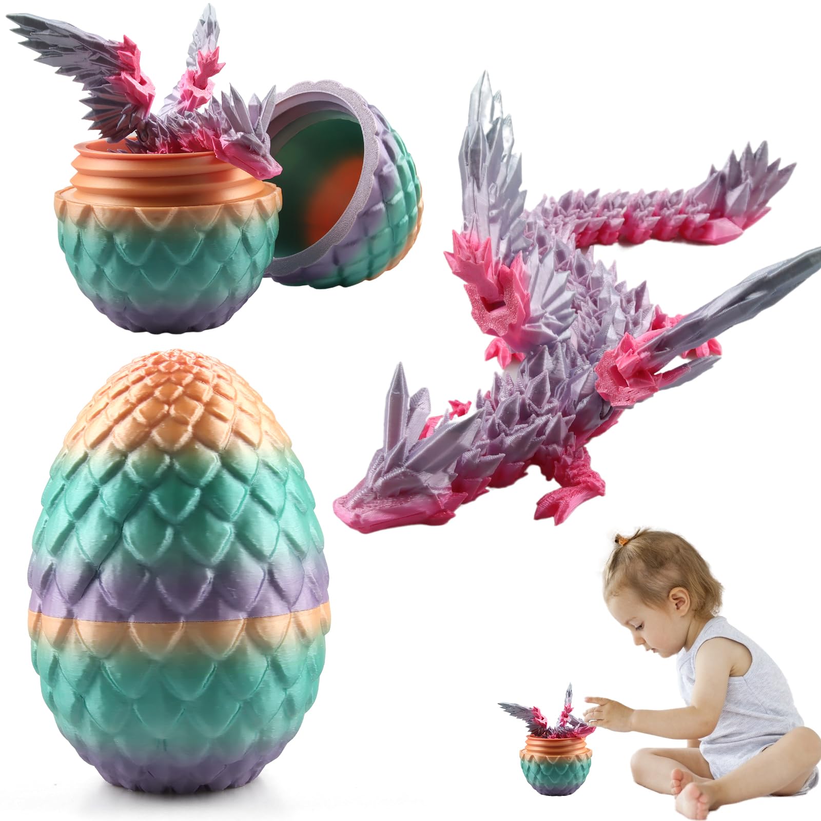 Drago Articolato Stampato In 3D Con Uovo – Figurina Flessibile In PLA, 28 Cm, Giocattolo Realistico E Decorazione Fantasy Per Ragazzi E Collezionisti