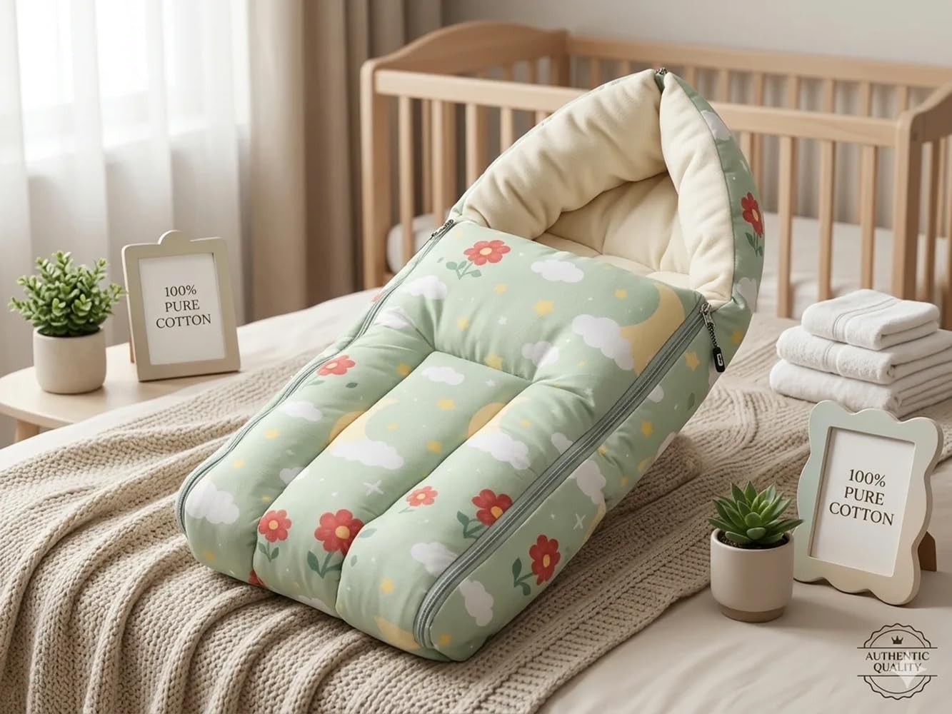 100% Cotton Baby Sleeping Bag for Newborn Baby | Soft & Breathable Baby Carry Nest | Portable Baby Bedding Bag with Zipper | Warm Sleeping Sack for Infants 0-12 Months | Green Floral Print-image-1