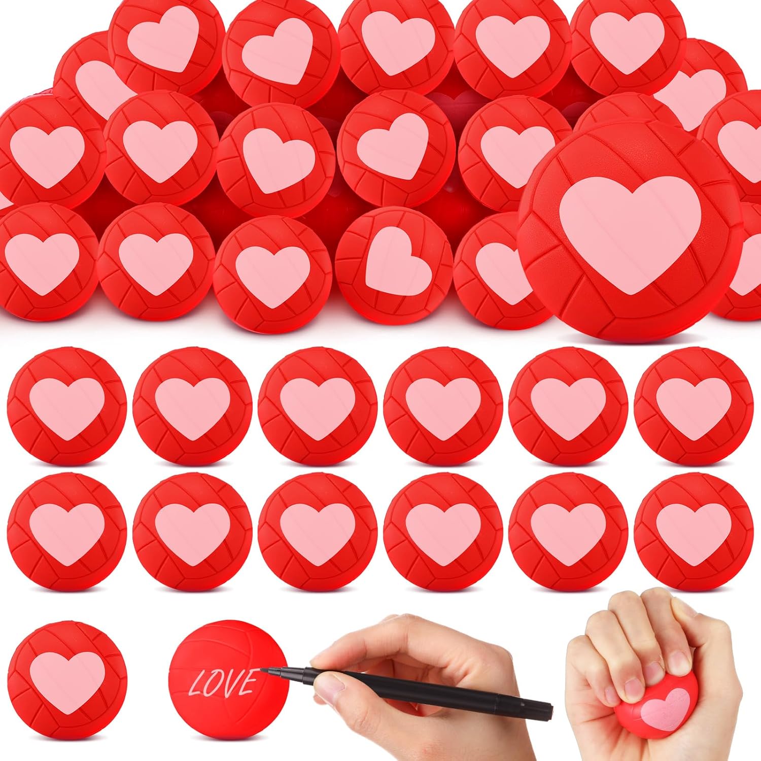 Soulchen 48 Pcs Valentines Day Pink Mini Volleyball Stress Ball 1.57 Foam Heart Volleyball Accessories Squeeze Relief Sports Balls for Valentines Party Game Favors