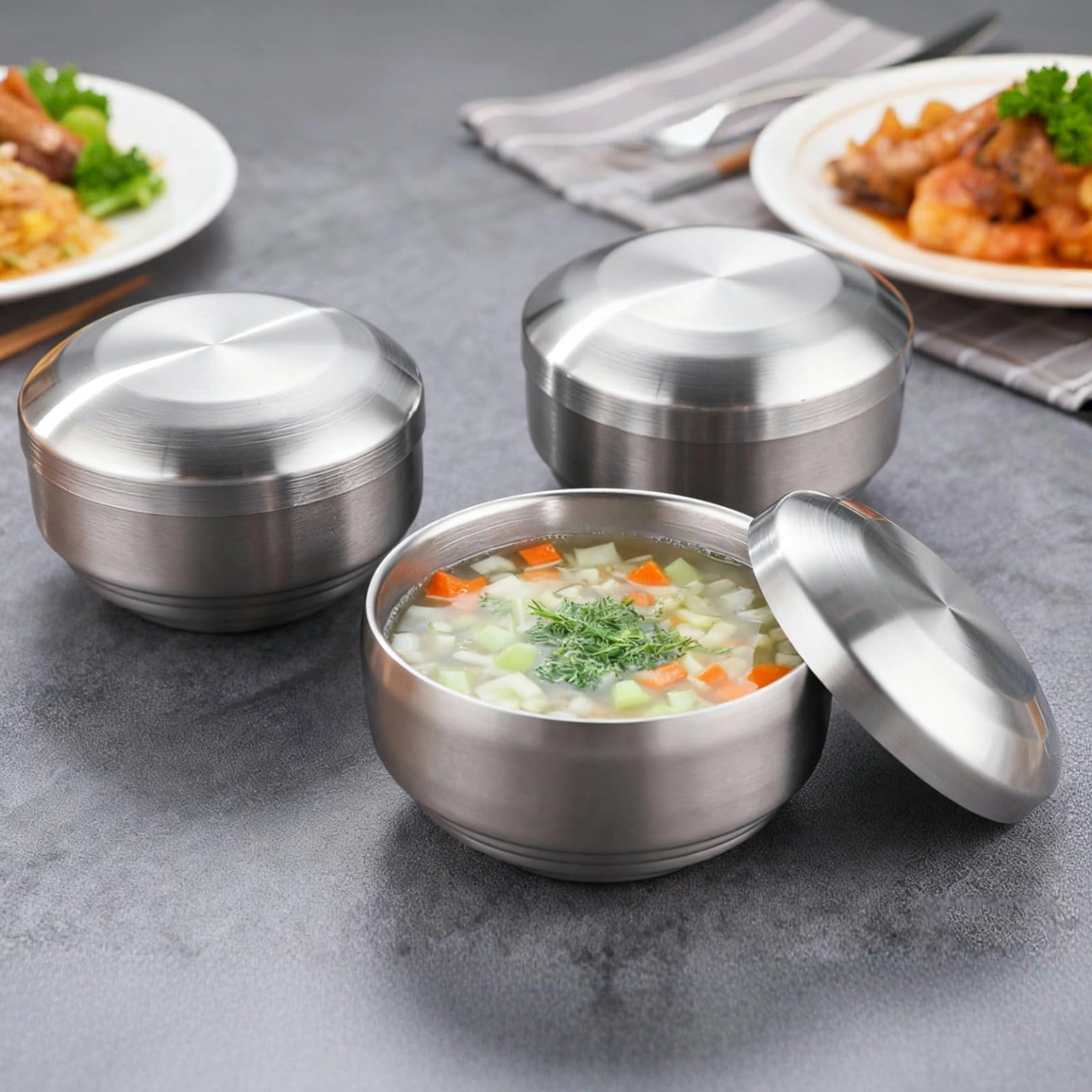 4 Stk. Edelstahl Schüsseln mit Deckeln, aus 304 Edelstahl, 12,5 cm, doppelwandig isoliert, silber, Ramen Schüssel Set, koreanische Reis, Suppen und Nudelschalen für Nudeln, Reis und Suppe