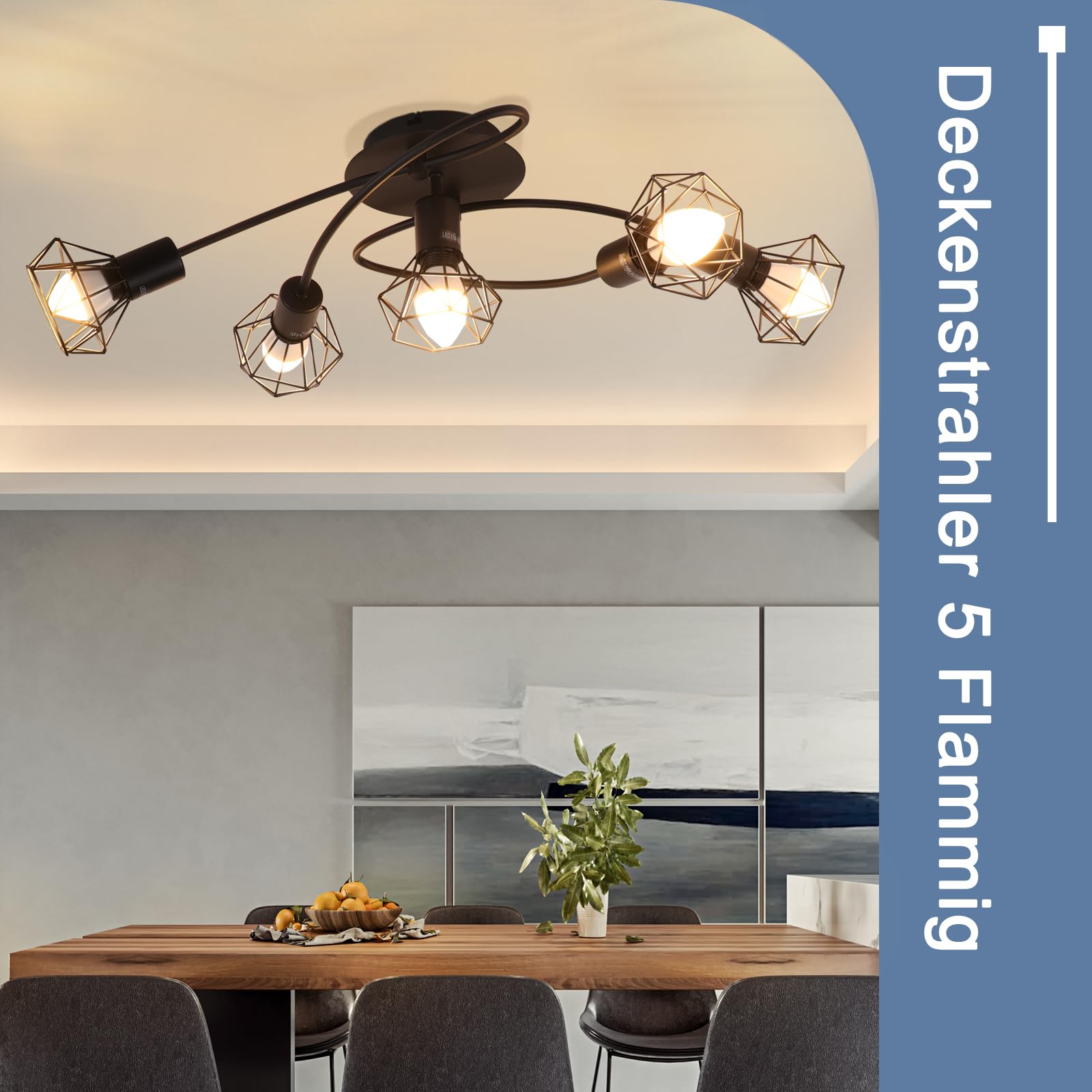 Glitzerlife LED lámpara de E14 lámpara de techo negro 5 llamas | foco de techo industrial orientable 350° vintage retro foco salón cocina sin bombilla