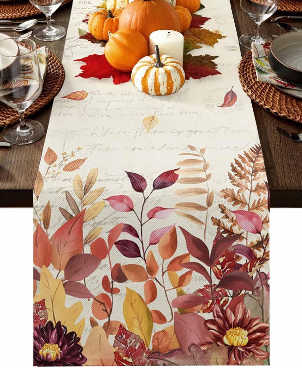 Hello Fall Maple Leaves Table Runner 108 Inches Long Thanksgiving Blue and Orange Pumpkins Dresser Scarf Kitchen Dining Table Decoration for Dresser Home Party Holiday 13 x 108 Inch