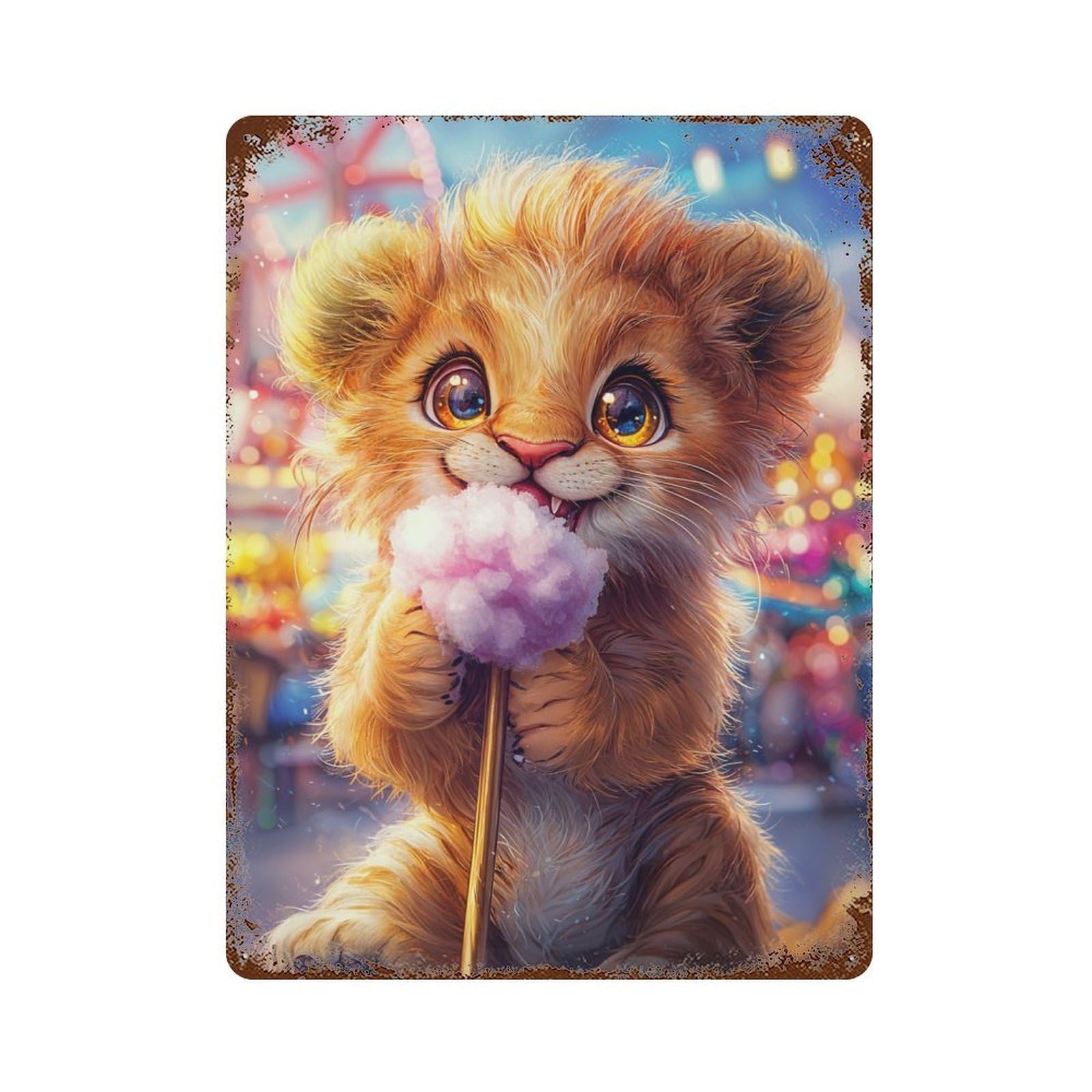 Cute Lion Cub with Cotton Candy 15.7"x11.8" Retro Metal Sign, Industrial Home Decor for Basement, Hobby Room And Garage Decor