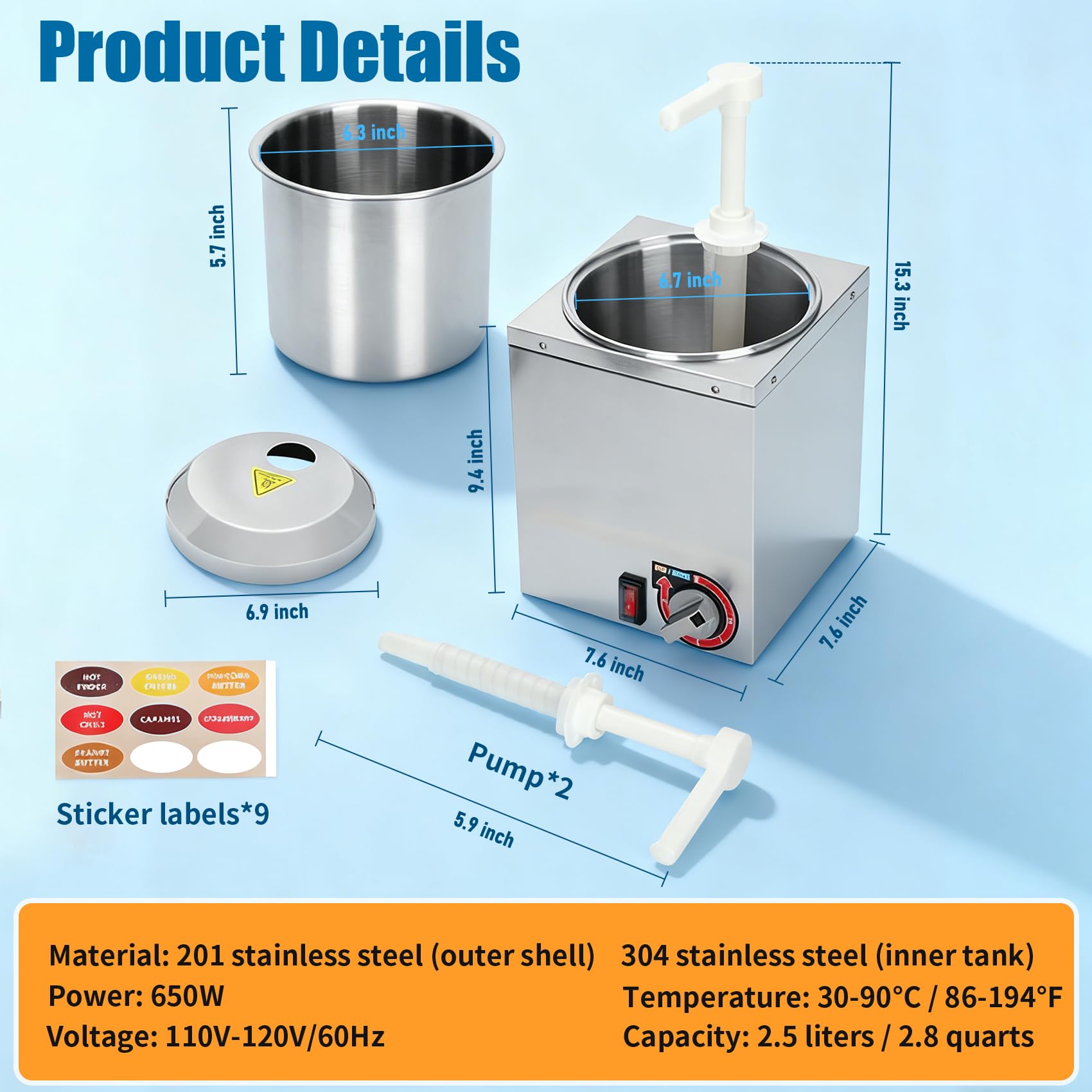 Dispensador de queso Nacho, dispensador de queso nacho de 2.8 cuartos con bomba, dispensador eléctrico de dulce caliente con ajuste de temperatura de 6 niveles, dispensador de queso comercial de acero