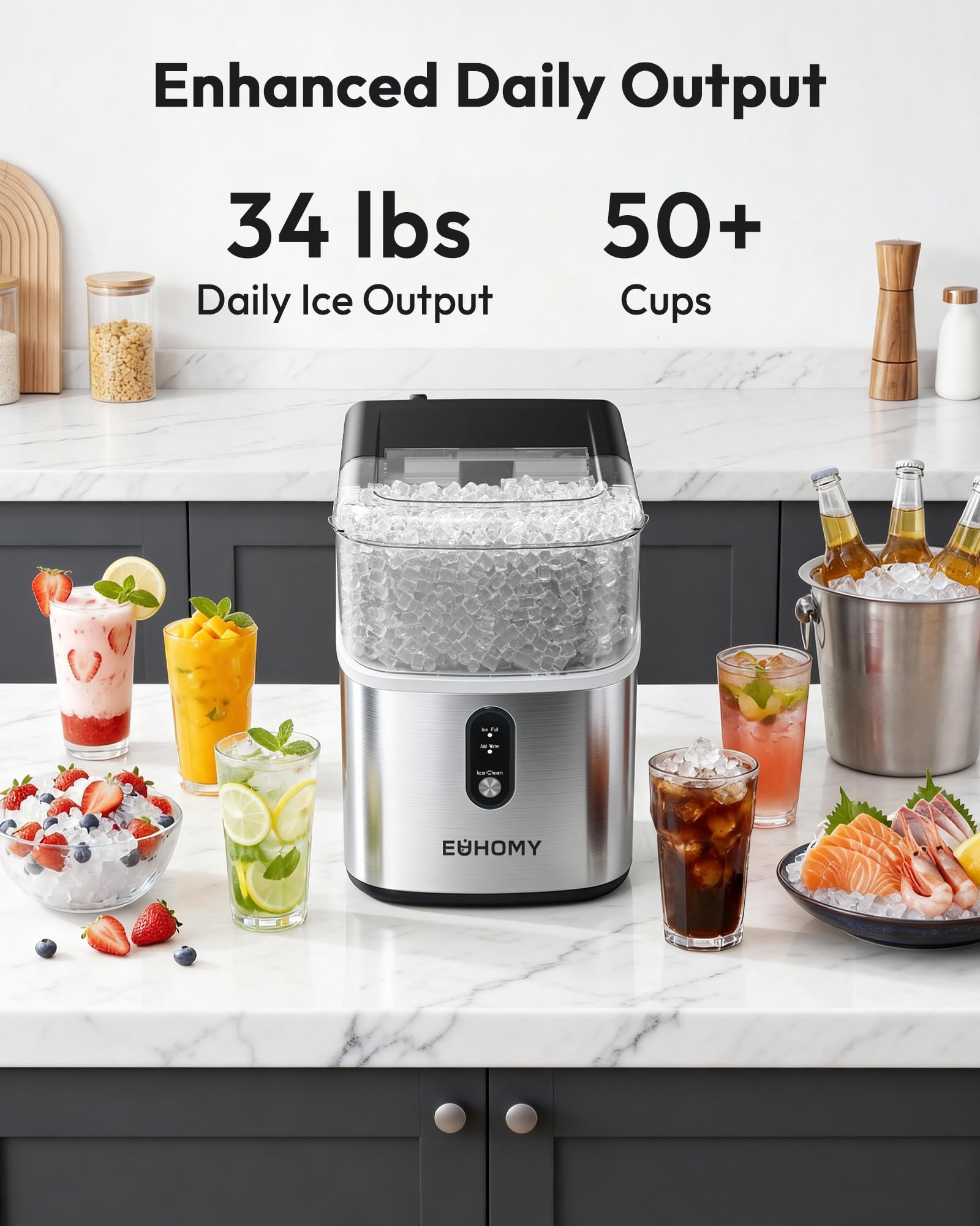 Euhomy Nugget Ice Maker Countertop, Ready In 7 Mins, 34lbs/24h Pebble Ice Maker Machine, Self-Cleaning Countertop Sonic Ice Makers With Ice Scoop&Basket, Pellet Ice Maker For Home, Stainless Steel on Fridge.com - View 3