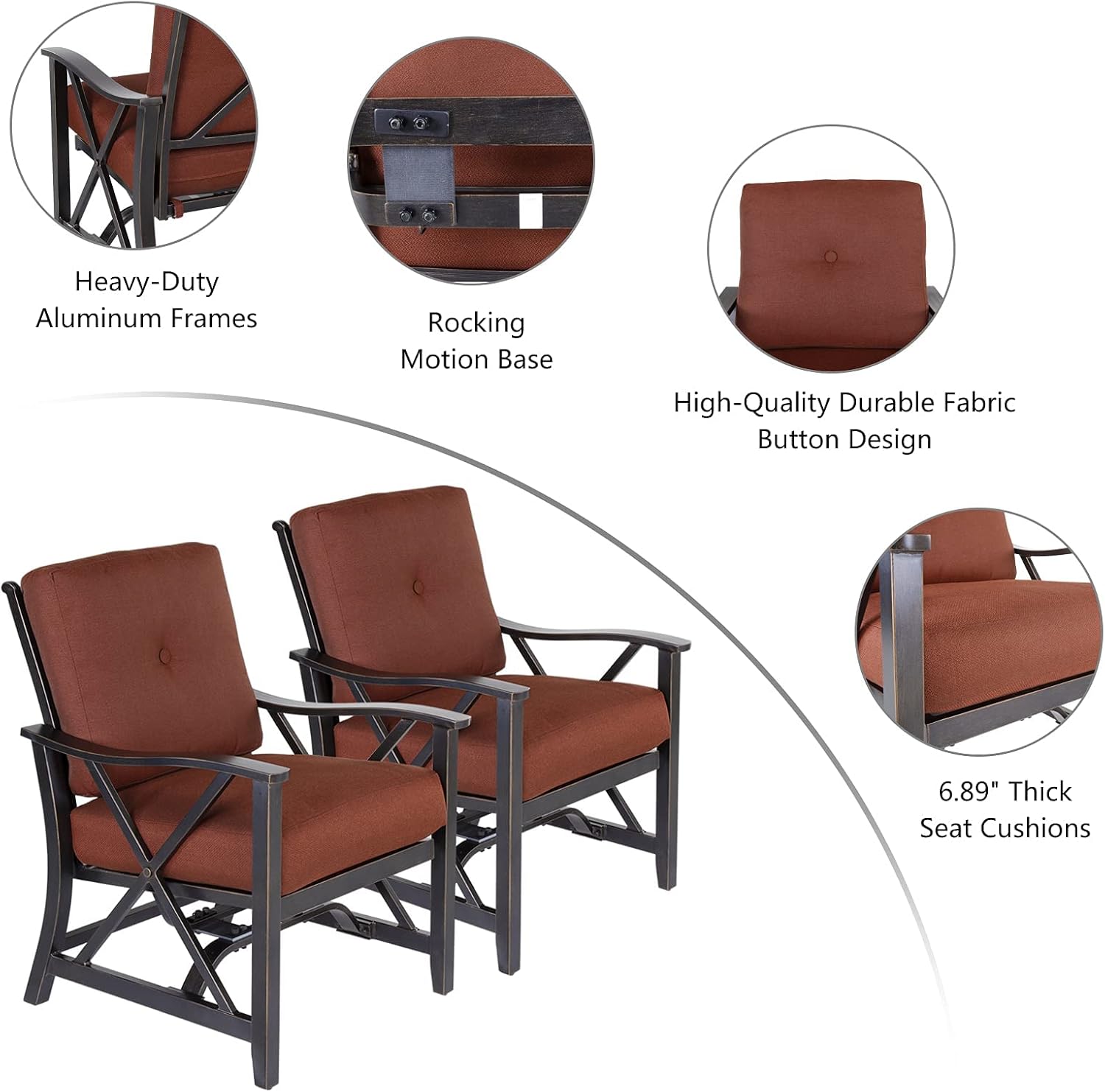 2 Piece Patio Rocking Chairs, Outdoor Bistro Set Haywood Series Aluminum X Back Stationary Motion Spring Chair with Thick Cushion for Porch Garden Balcony Backyard