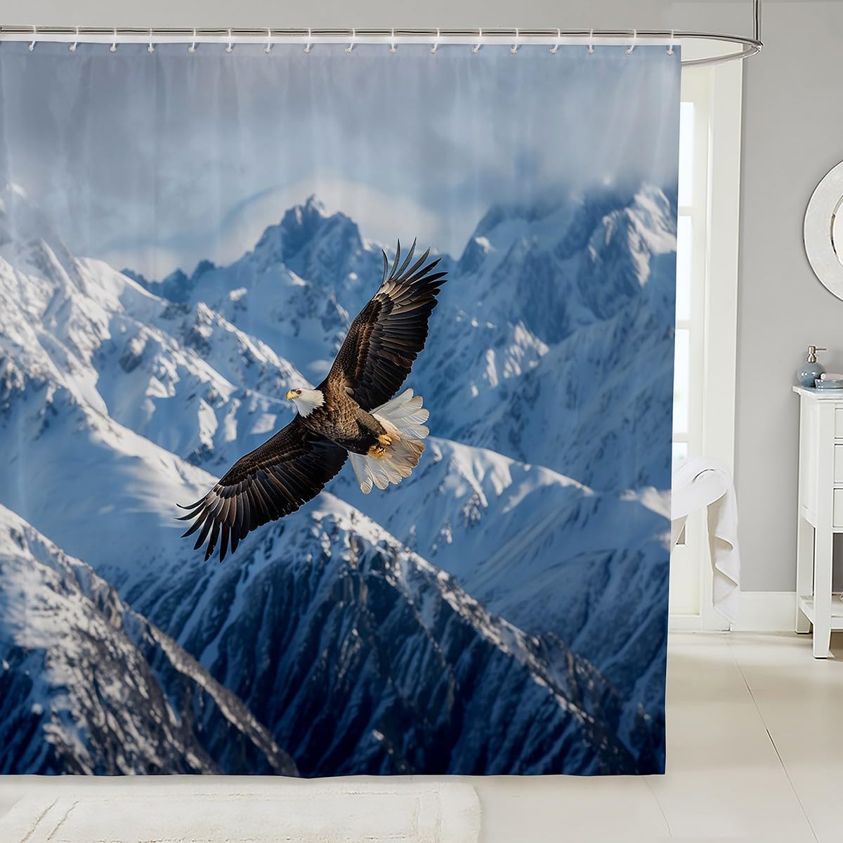 Feelyou Eagle Shower Curtain 72"x84" Snow Mountain Bathroom Shower Curtain Set Flying Eagle Bath Curtain Sky Blue Kids Bathroom Accessories