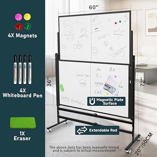 Miniatura 5 de Pizarra blanca grande de borrado en seco de 72 x 60 pulgadas | Caballete de pie ajustable en altura con ruedas | Tablero magnético de doble cara