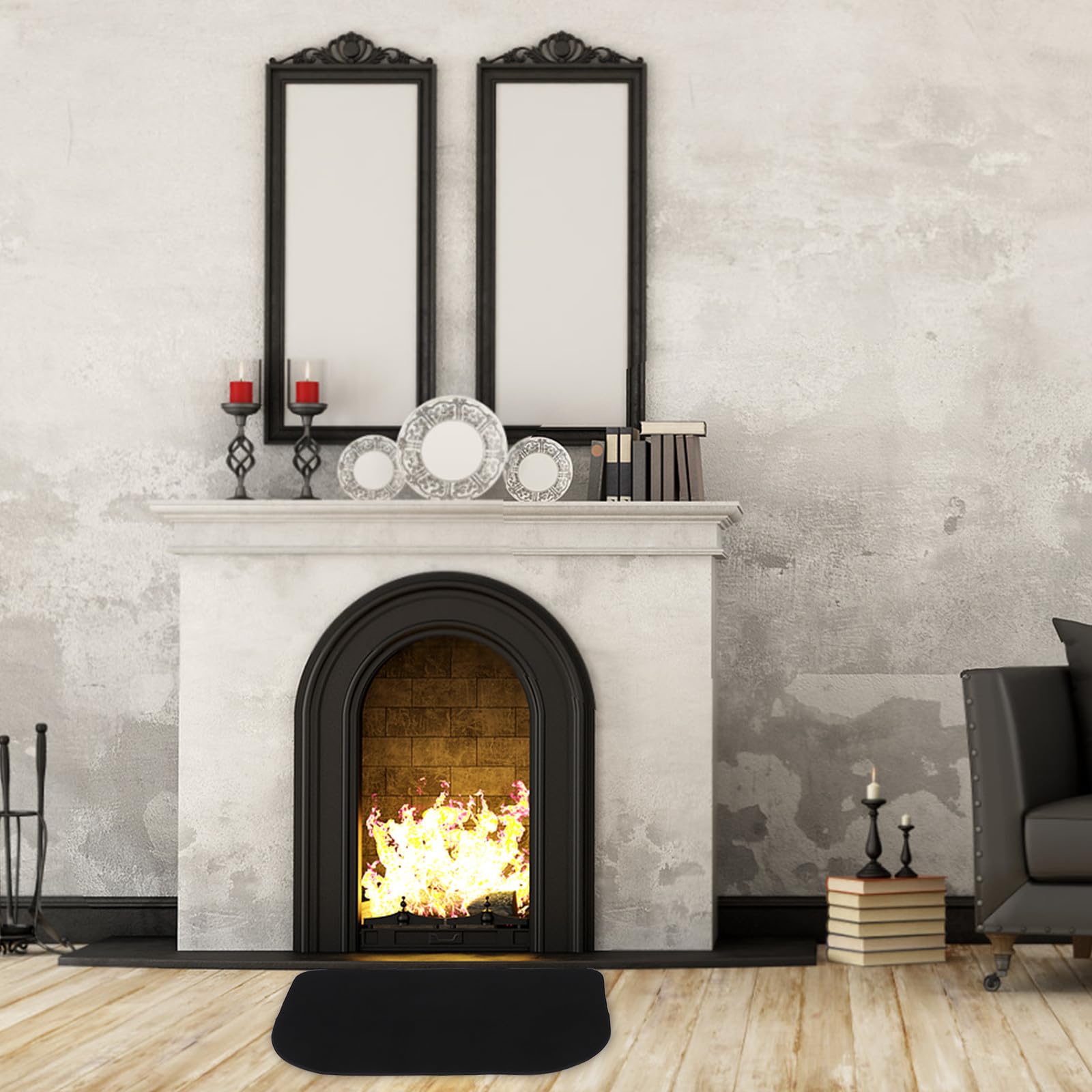 Lurrose Tappeto in Poliestere e Pvc Resistente alle Alte Temperature Forma Mezza Luna Nero Ignifugo Facile da Pulire per Caminetto per Interni ed Esterni