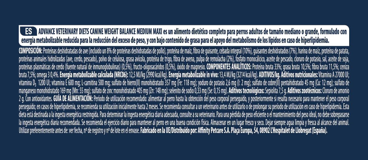 Advance Veterinary Diets Weight Balance Medium & Maxi - Pienso para Perros con Problemas de sobrepeso - 12kg