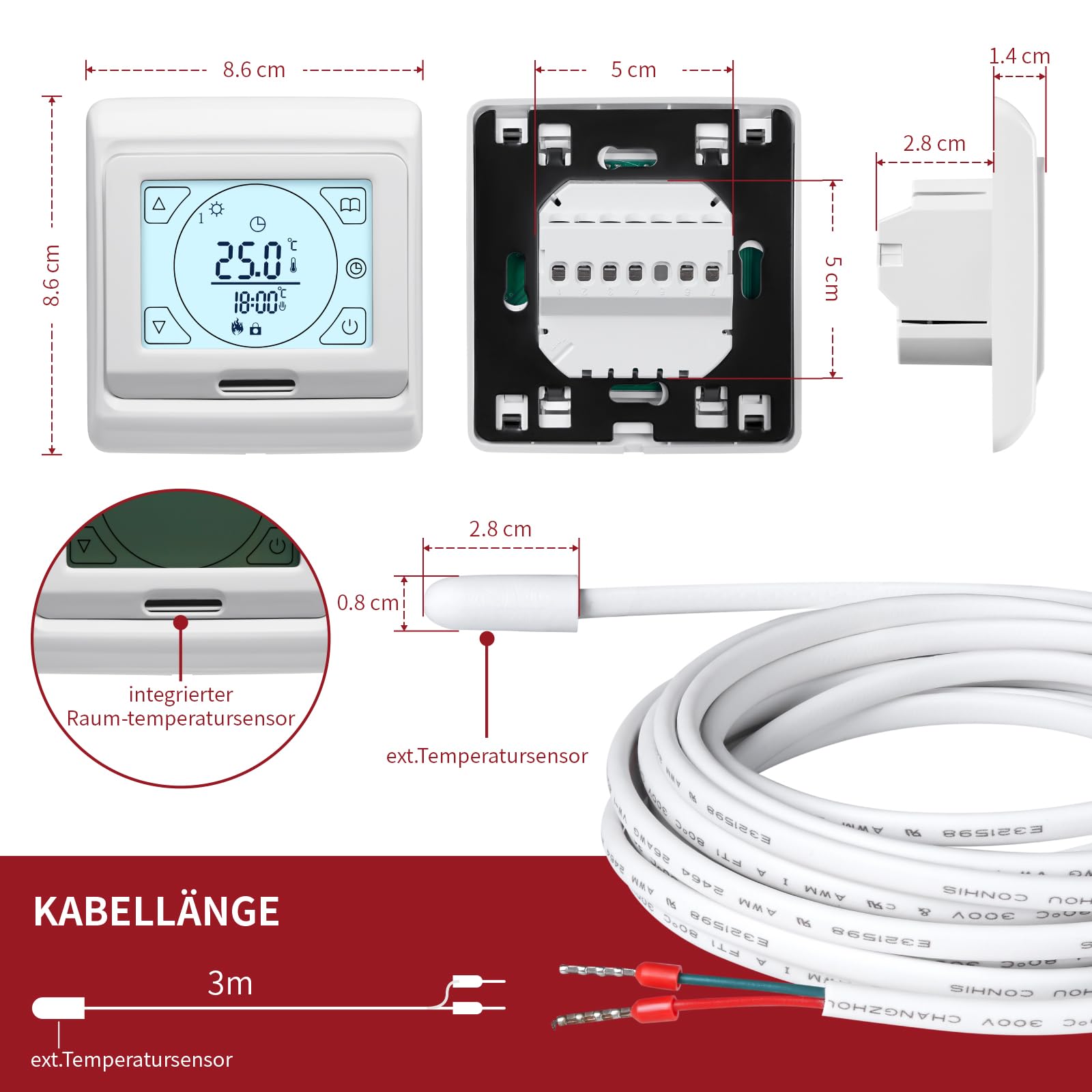 KEZERS Elektrische Fußbodenheizung 150W/m², selbstklebend für Fliesen Laminat und mehr, Touch-Digital-Thermostat mit Wochenprogramm für Badezimmer | Flur | Schlafzimmer | Wohnzimmer,6.0x0.5m - 3.0 qm