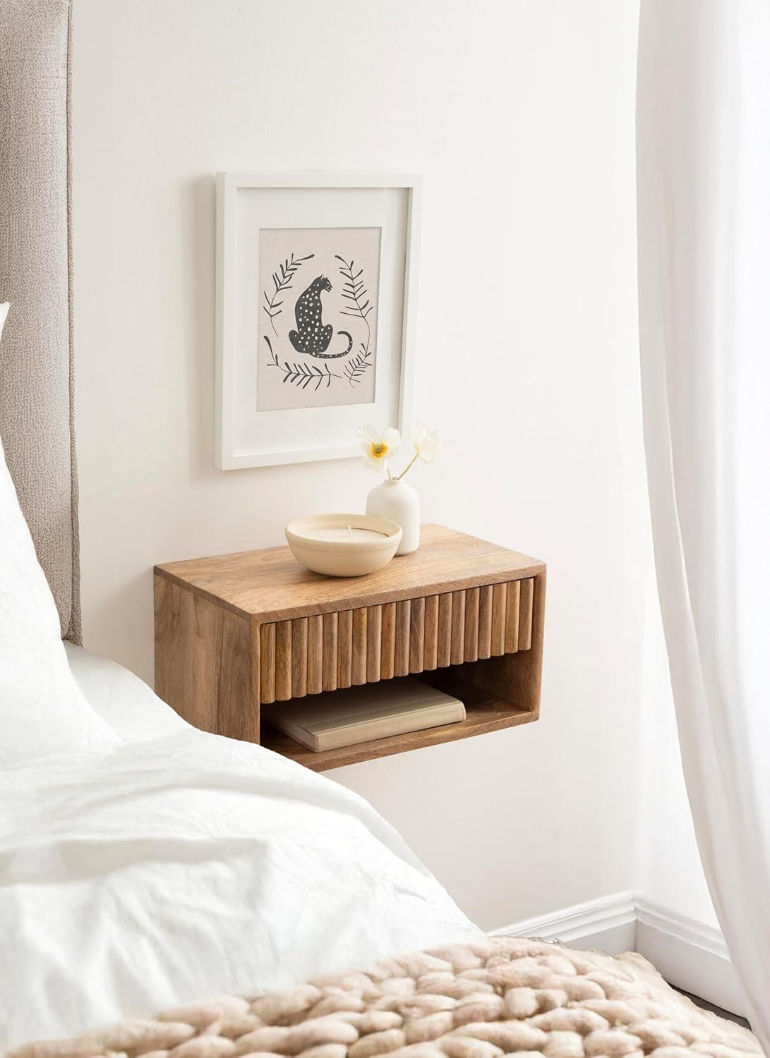 Kate and Laurel Reid Ribbed Wooden Tiered Floating Side Table, 18 x 10 x 9, Natural Wood, Modern Rectangular Mango Wood Floating Nightstand with Drawer for Bedroom Storage or Living Room End Table