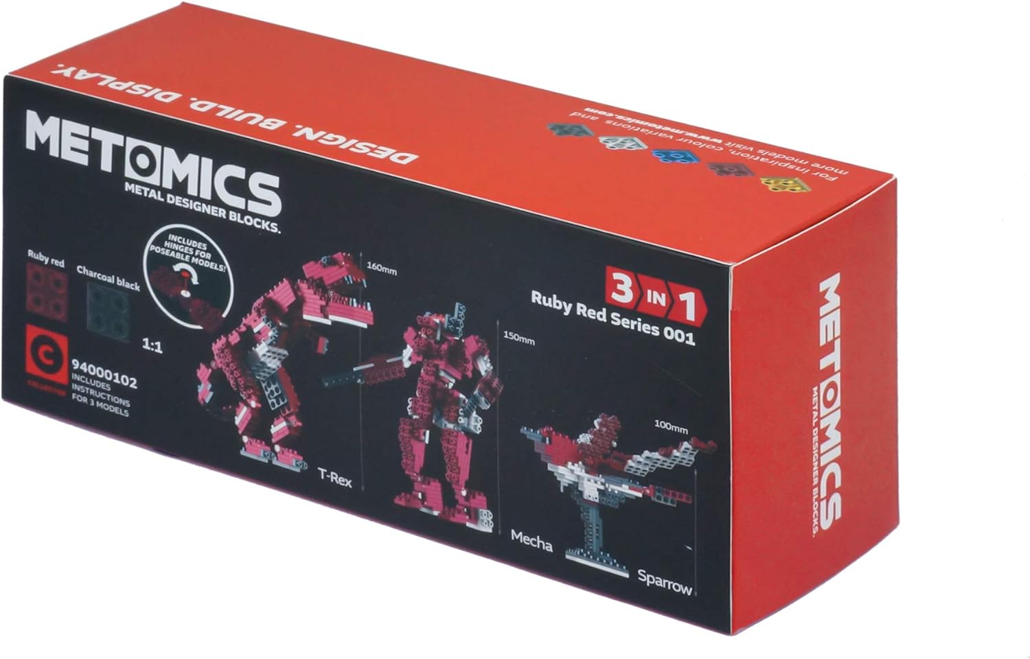 3-in-1 Metal Designer Building Blocks Series 001 | 290 Pieces | Assemble T-Rex, Mecha and Sparrow with Instructions (Ruby Red)
