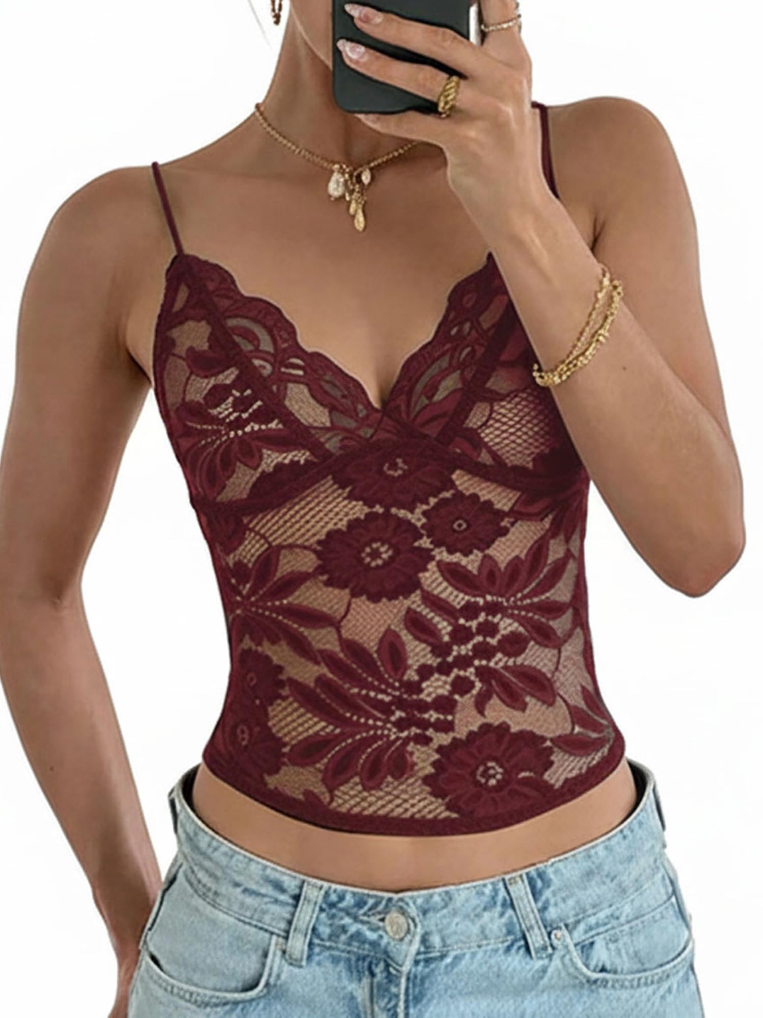SANSIWU Women's Sheer Lace Cami Tops Sleeveless Spaghetti Strap Slim Fit Tank Top Floral Mesh See Through T-Shirts Sexy Camisole Vest (B-Claret, S)