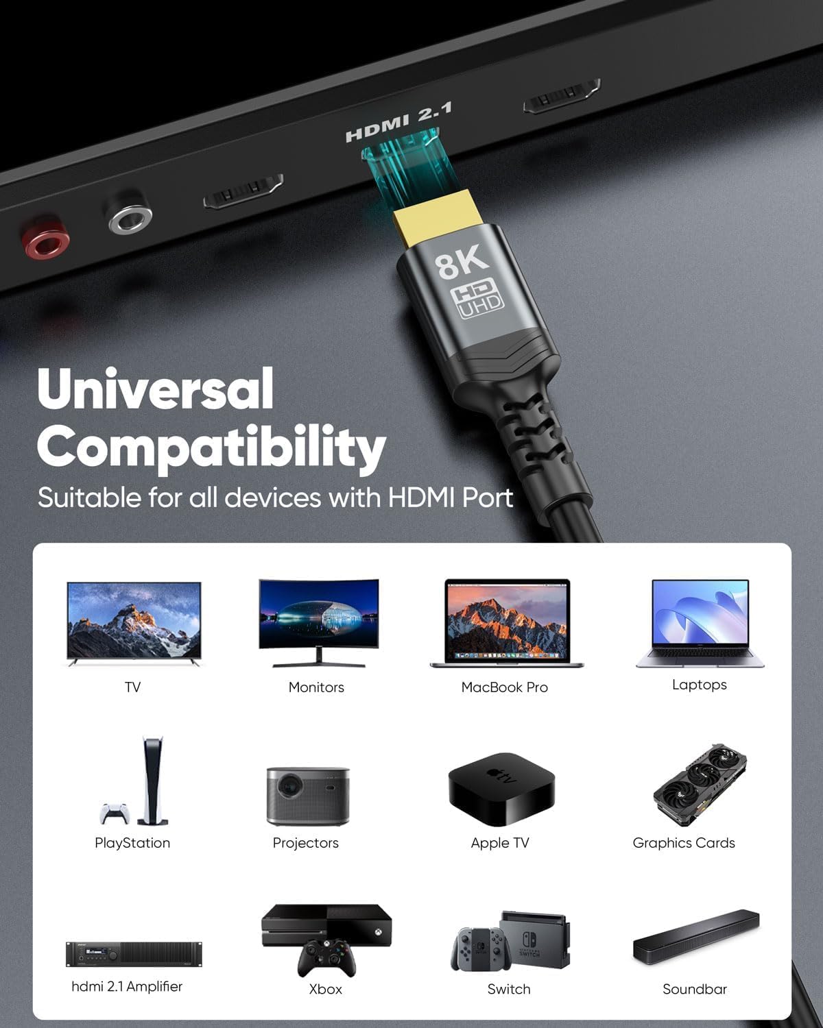 Cavo HDMI 8K 9 m, lungo HDMI 2,1 a parete, CL3, per PS5 8K a 60 Hz | 48Gbps ad alta velocità schermato 4K, 2K, eARC, HDR, HDCP 2.3 per Roku TV/laptop/monitor/HDTV/PC