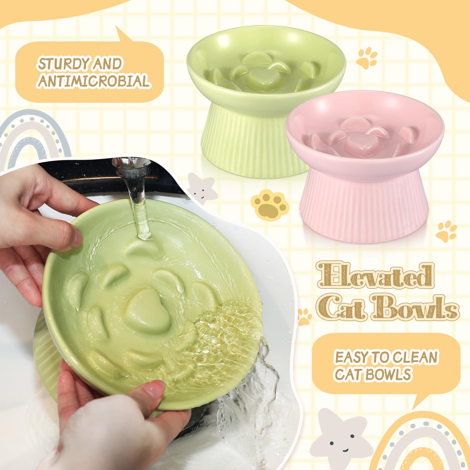 Layhit Lot de 2 gamelles surélevées en céramique pour chat - Anti-vomissements - Pour nourriture sèche et humide - Mangeoire Vert et rose