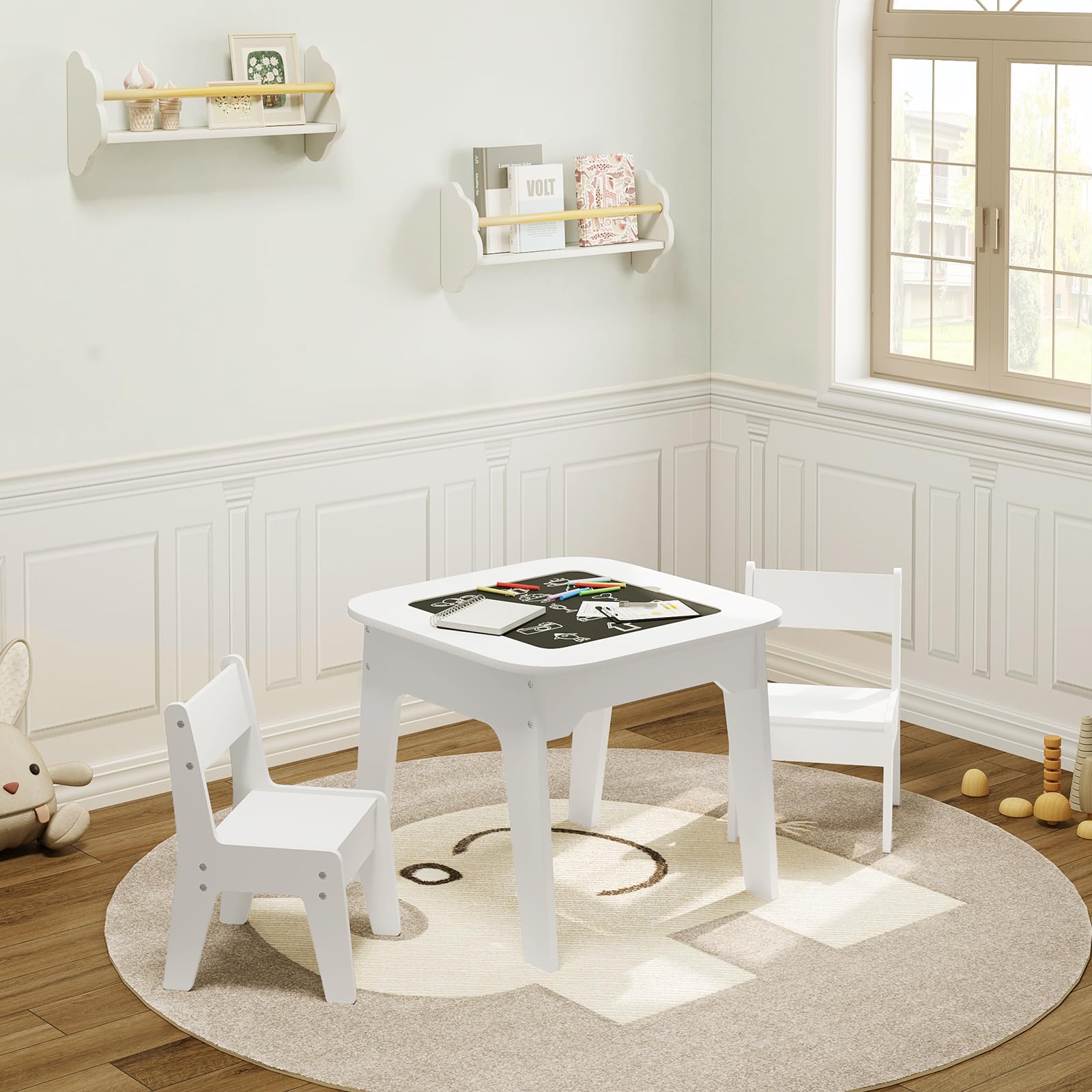 WOLTU Kindertisch mit 2 Stühlen, Kindersitzgruppe, Kindertisch mit Stauraum, zweiseitige Tischplatte, Kinder Tisch Stuhl Set, Sitzgruppe für Kinder, Kindersitzgarnitur, weiß