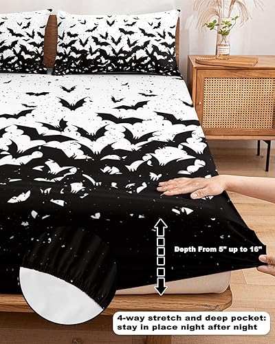 Miniatura 5 de Juego de sábanas bajeras de 3 piezas con diseño de murciélagos voladores negros espeluznantes de Halloween para cama tamaño King, sábana de bolsillo