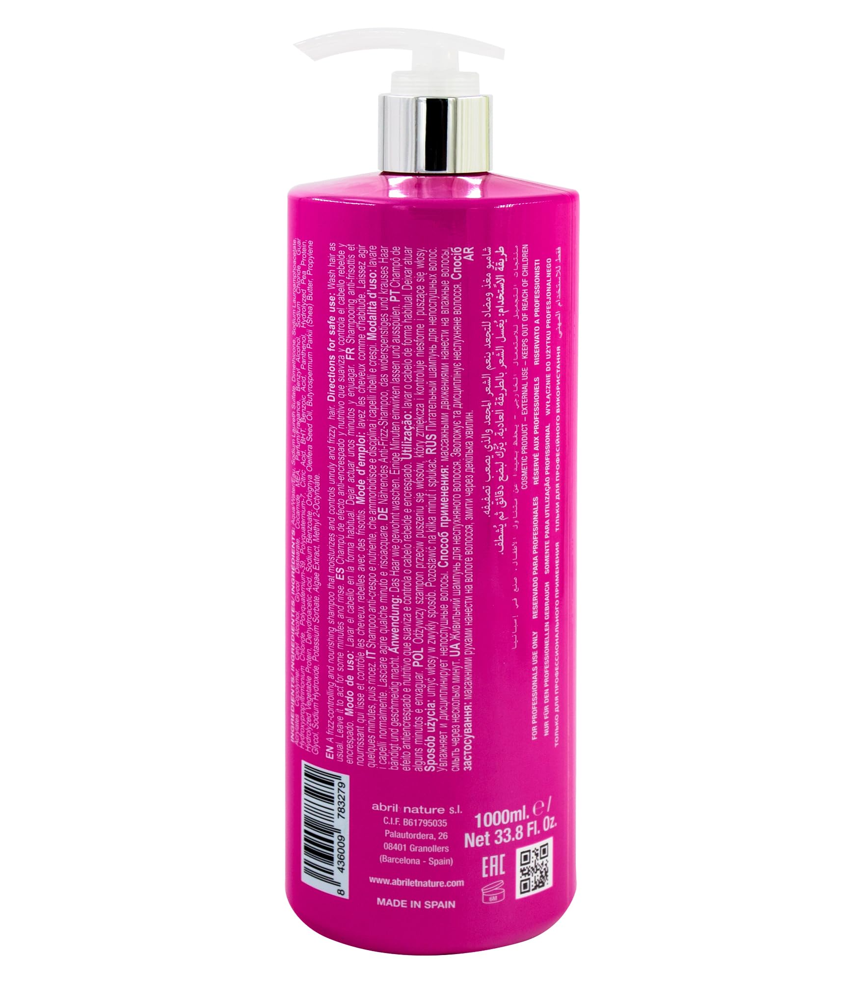 abril et nature - Shampooing Professionnel Nature Frizz - Pour Cheveux Frisés - Hydrate et Maintient les Cheveux Lisses - Plus Doux et Brillants - Traitement Vegan - Anti-Frisottis - 1000 ml