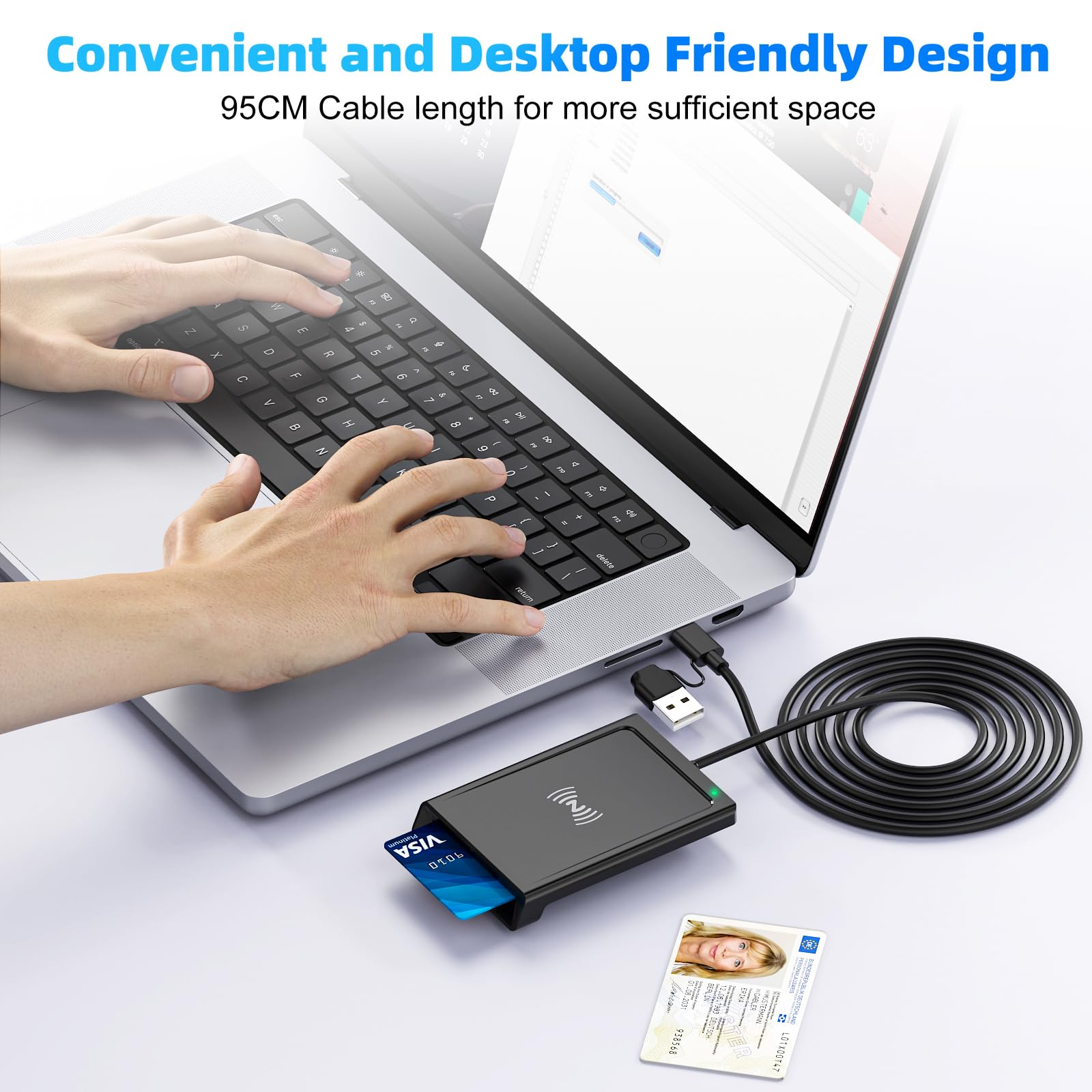 2IN1 USB-A & USB-C Chipkartenleser mit NFC, USB Smart Card Reader Kartenlesegerät DOD Military Kartenleser für den neuen Personalausweis Bankkarten kompatibel mit Windows, Linux, Android,95cm Kabel