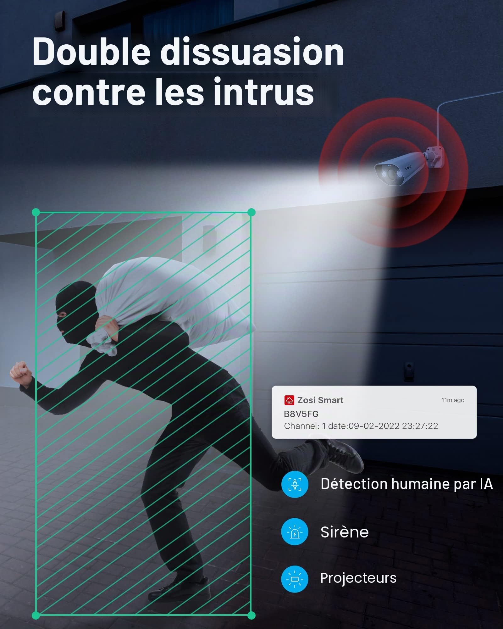 ZOSI 8CH 4K NVR PoE Kit avec 5MP 3K Camera de Surveillance PoE, Audio Bidirectionnel, Vision Nocturne Couleur, Détection de Personne et Véhicule, Accès à Distance, Enregistrement 24/7