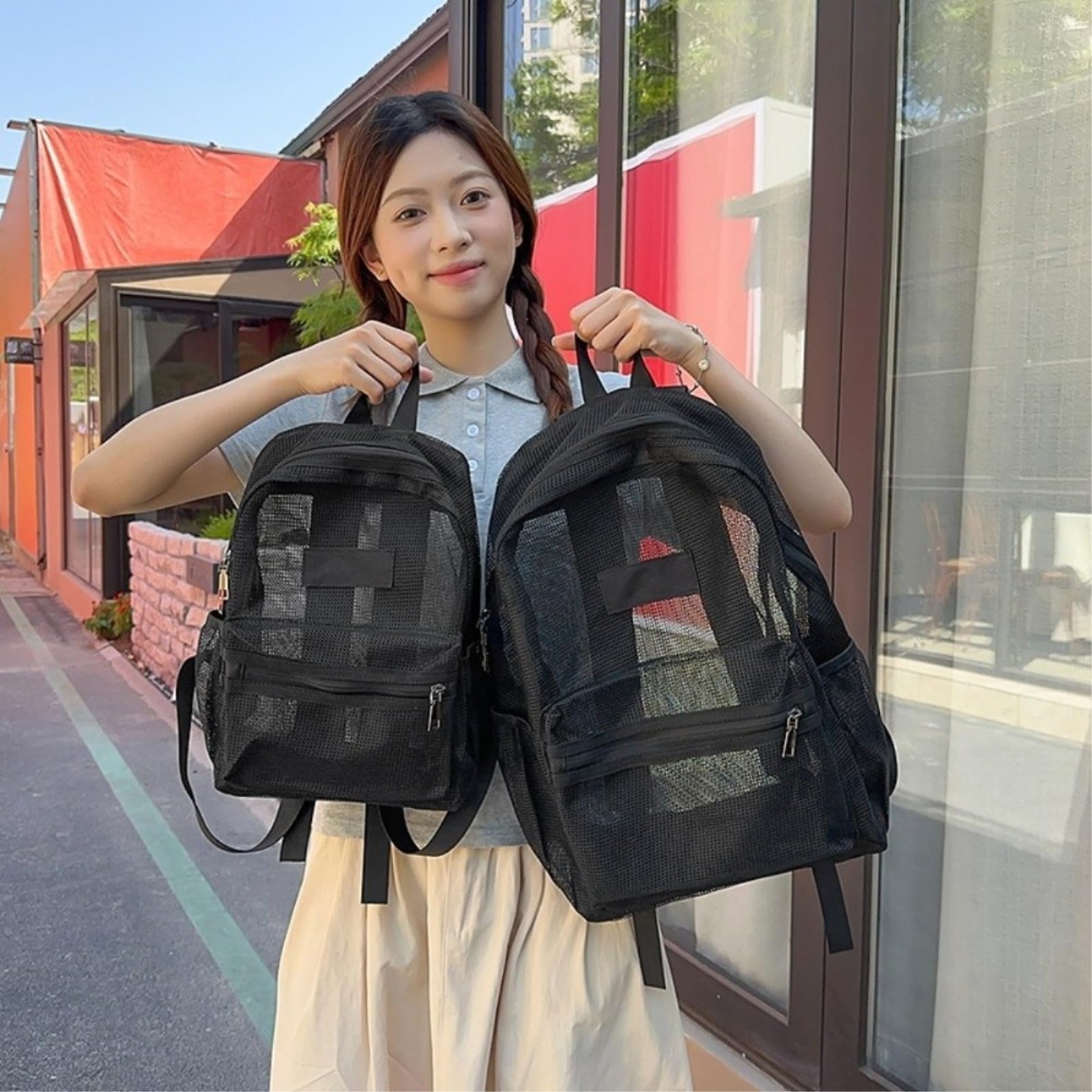 Mochila De Malla Transpirable Plegable Ligero Bolso Libros Transparente Capacidad Escolar Bolsillo Múltiple