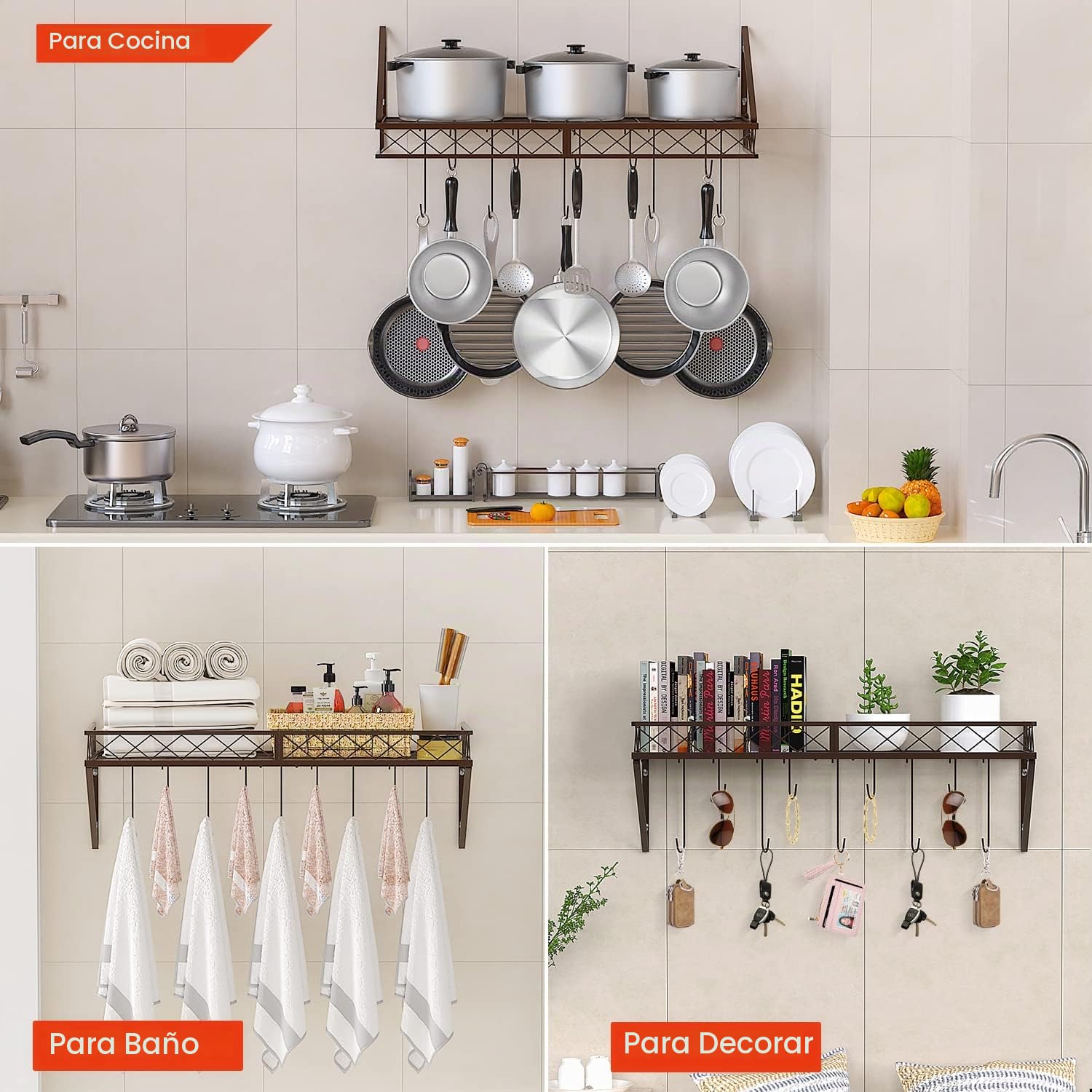 Mutool Estante para ollas montado en pared, estantes para colgar cacerolas de 70 cm, estante para utensilios, estantes para sartenes para la cocina, organizador de menaje de cocina de metal con 10