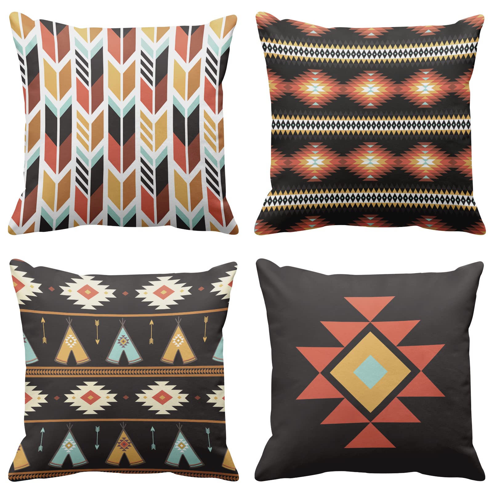 Emvency Set of 4 Western Native Tribal Throw Pillow Covers Aztec Vintage Geometric Modern Brightly Decorative Pillow Cases Home Decor Standard Square 18x18 Inches Pillowcases
