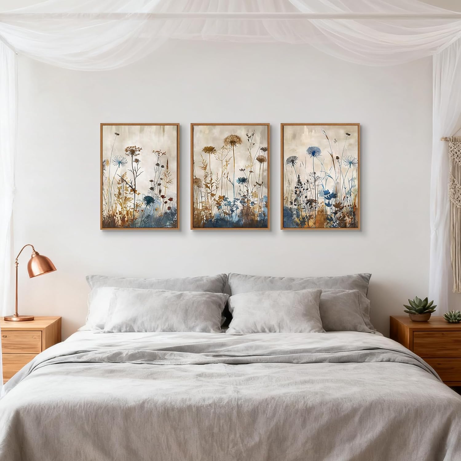 WENGTIAO 3Pcs Vintage Framed Canvas Wall Art Prints Flowers Posters Pictures Boho Brown Blue Blooms Paintings Nature Floral Botanical Artwork for Living Room Bedroom Bathroom Office 16x24x3