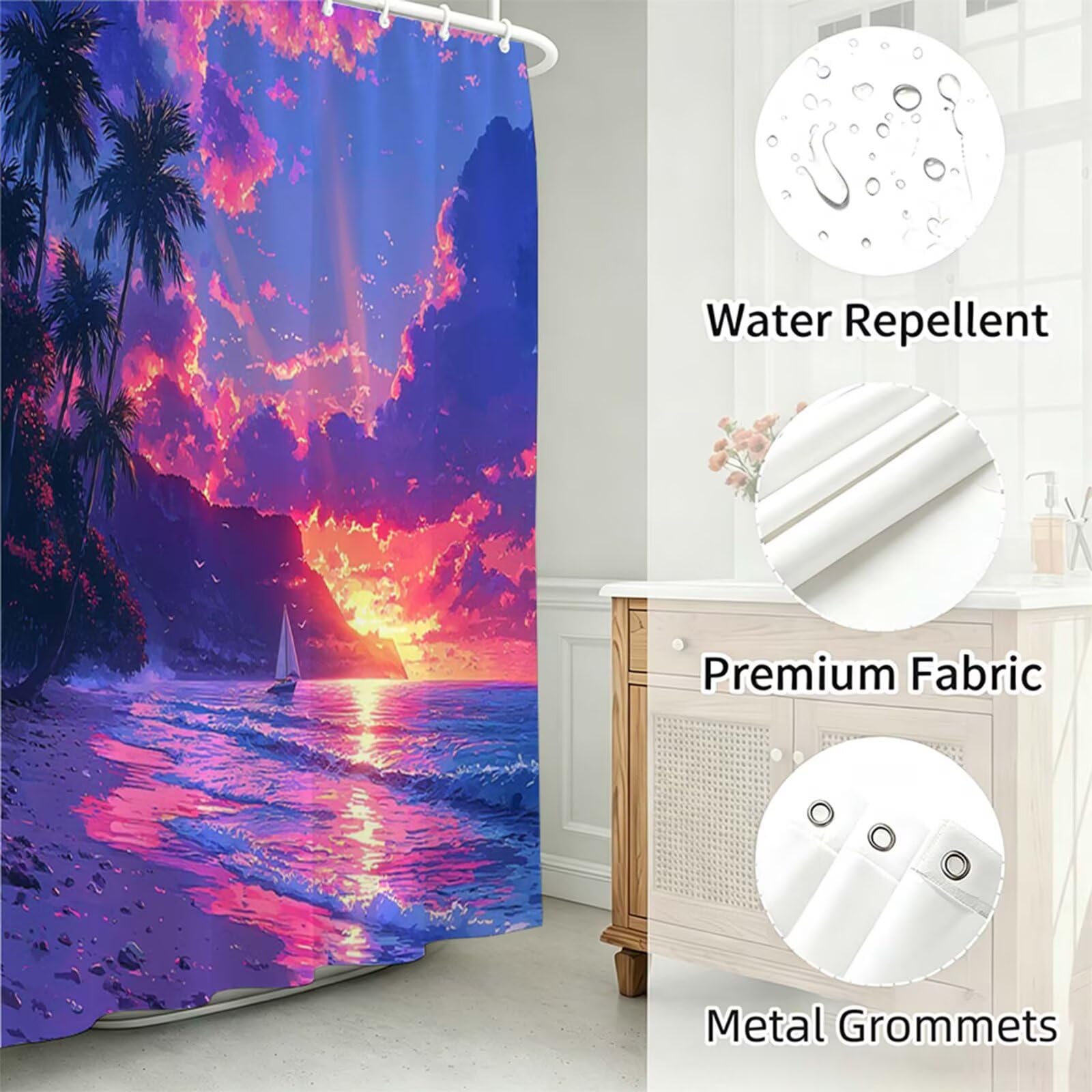 viola chiaro Tenda Doccia 200x200cm, Tenda per Doccia Tessuto Poliestere Impermeabile Asciugatura Rapida con 12 Anelli, Tende Finestra Bagno e Vasca Pieghevole Shower Curtain Vista mare J-642