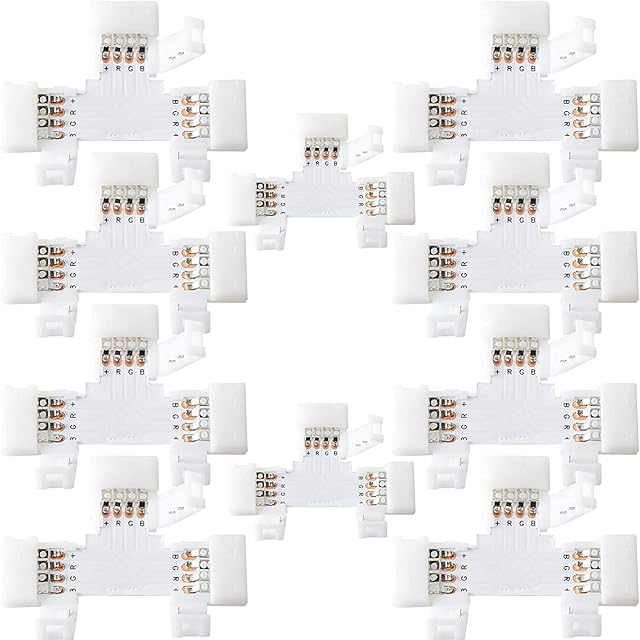 JACKYLED LED Strip Connector 4 Pins 10PCS T Shape, 10mm RGB Quick Splitter Corner Connector Solderless Gapless Adapter Clip for RGB SMD 5050/3528 Multicolor LED Strip Light Connectors