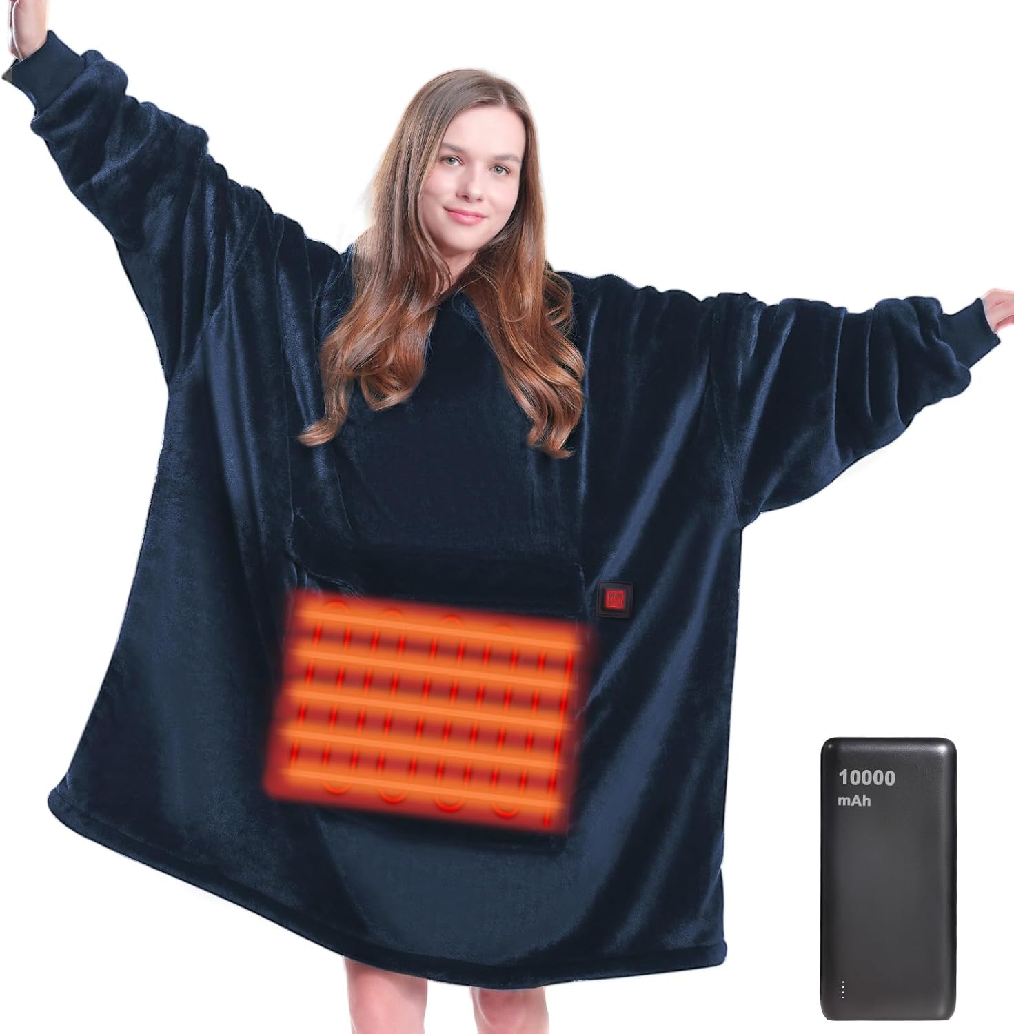 MAXEVE Heated Wearable Blanket Hoodie with 10000mAh Battery Pack, Oversized Sherpa Blanket Sweatshirt for Women & Men, Warm & Soft Navy