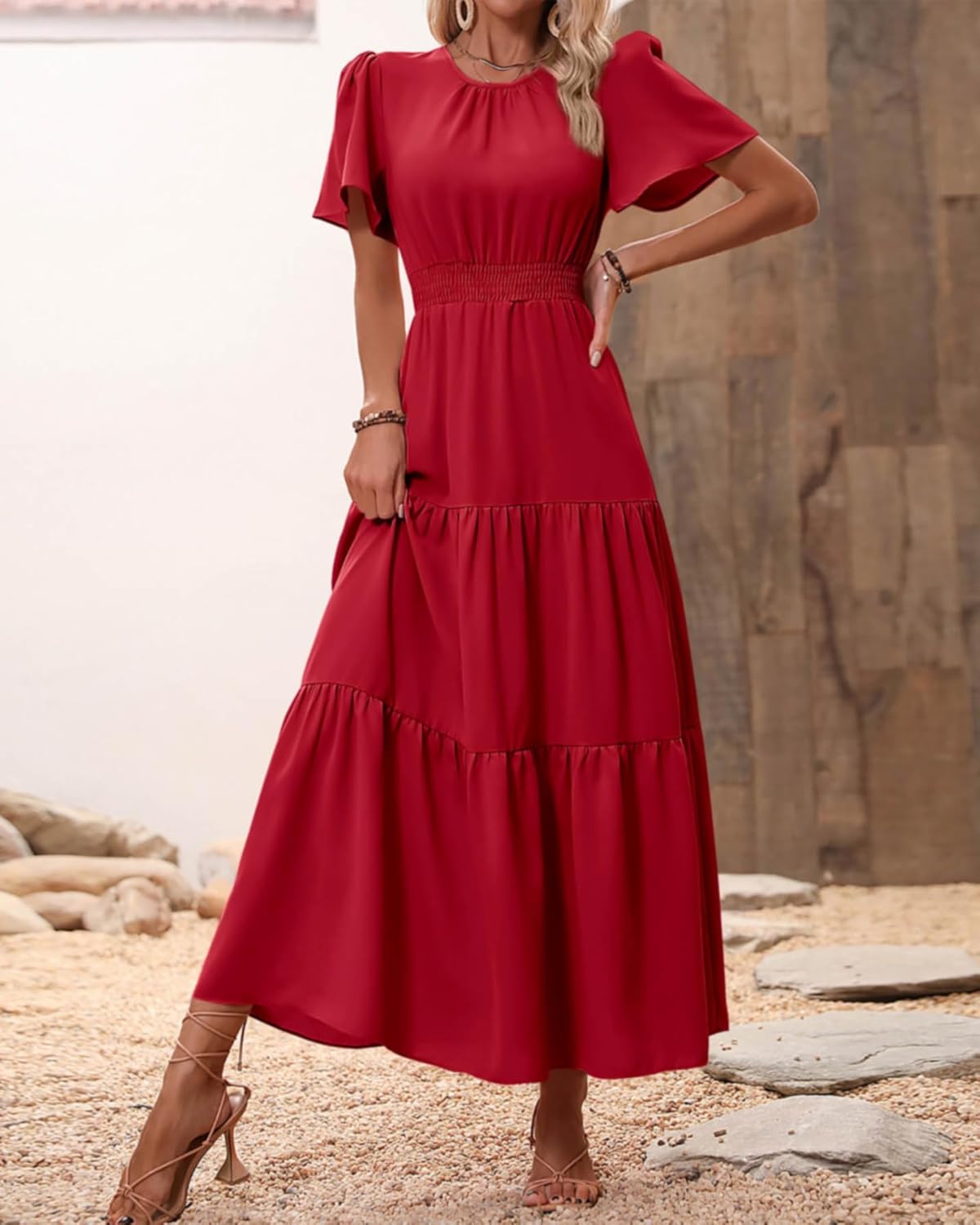 PRETTYGARDEN Women's Summer Casual Short Flutter Sleeve Round Neck Smocked Waist Tiered Boho Floral Flowy Maxi Dress - Image 6