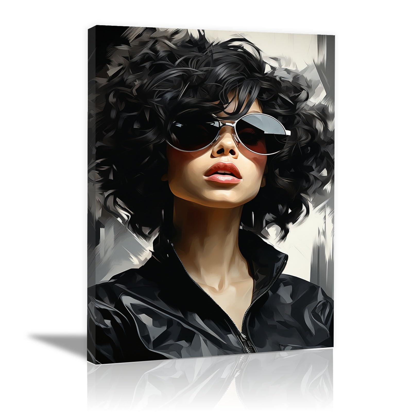 TERUEA Canvas Wall Art Abstract Curly Hair Woman Sunglasses Picture Prints for Girls Room Bedroom Wall Decor(Black)-70x100cm Framed