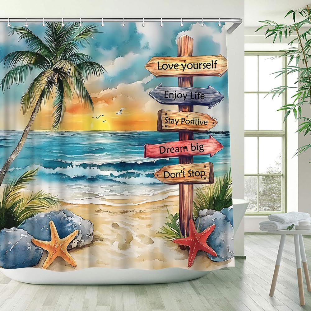 Tropical Beach Palm Tree Shower Curtain Ocean Quotes Coastal Sunset Starfish Watercolor Scenery Inspirational Art Printed Bathroom Decor Polyester Fabric Curtains with Hook 70Wx80H Inches
