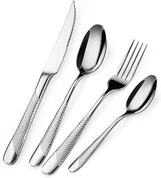 16PCS Hammered Cutlery Set, 18/10 Stainless Steel Knives and Forks Set with Ultra Sharp 2-in-1 Serrated Knife, Modern Tableware Silverware Set for 4 People, Dishwasher Safe, Mirror Polished, Silver