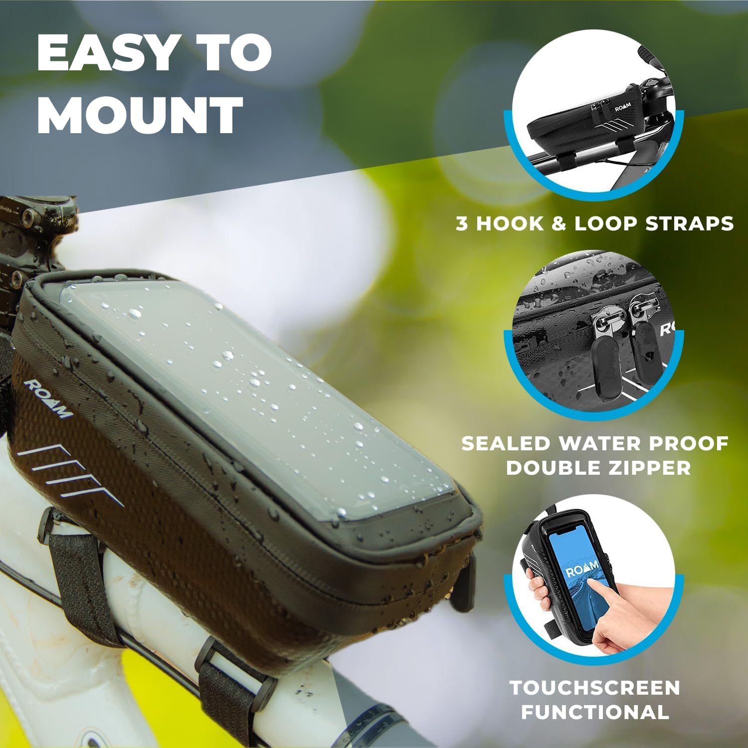Roam Bike Universal Phone Holder + Waterproof Zipper Storage Case - Fits Smartphones Up To 4" x 7" - Velcro Strap Mounts To Bicycle Frame - Full Touchscreen Capabilities - Black