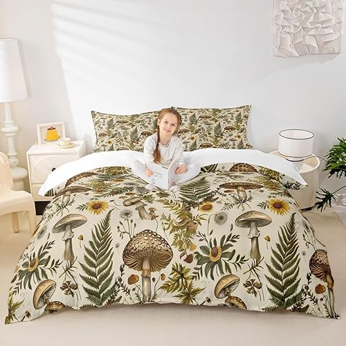 Miniatura 176 de Juego de funda de edredón de 3 piezas, diseño de hongos, diseño de hojas botánicas de acuarela y fresa, para niños, adolescentes, adultos, libélula