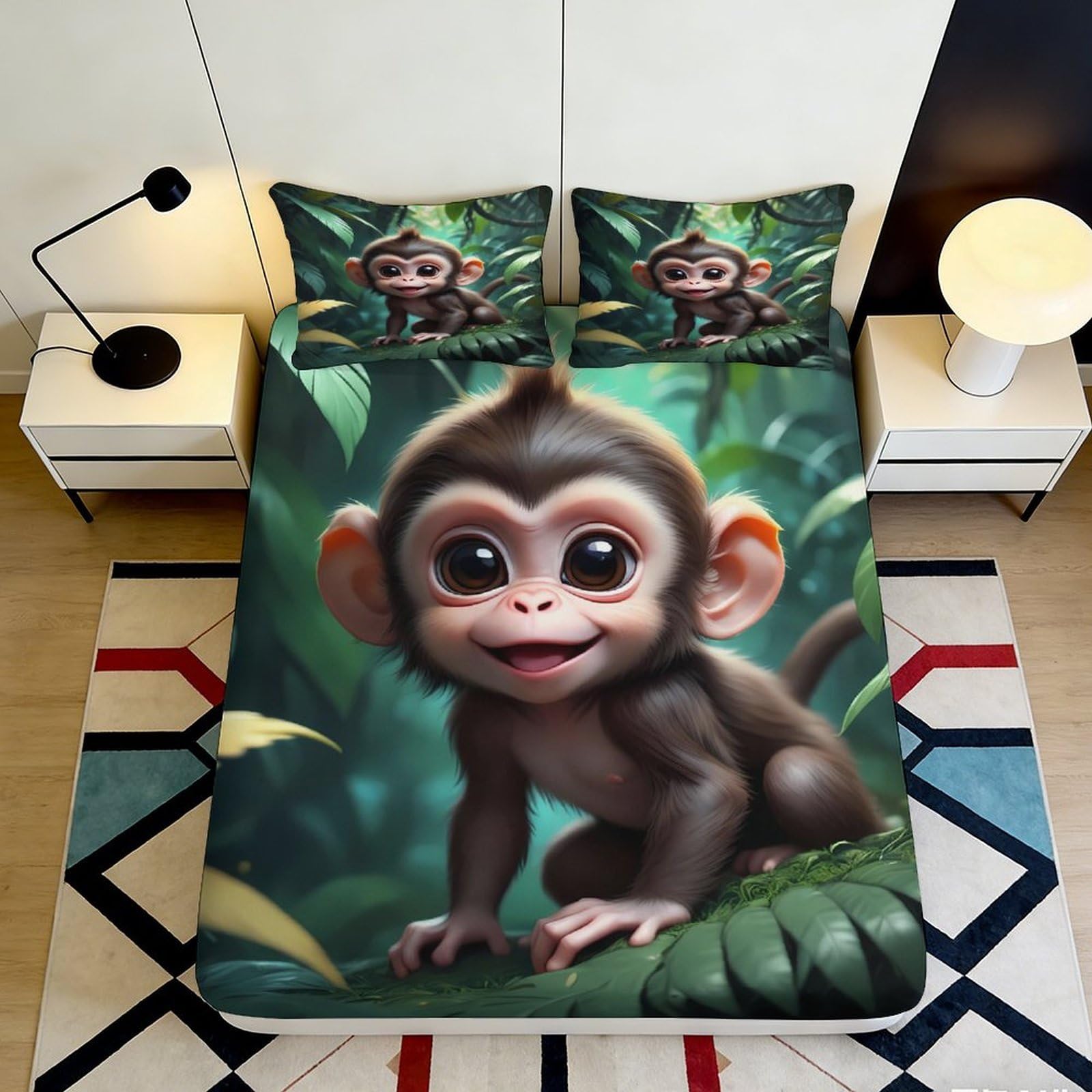 3D Printed Jungle Monkey Fitted Sheet Microfiber Deep Pocket Non-Slip Bedding Jungle Monkey Mattress Fitted Cover for Bedroom 200x200x25cm