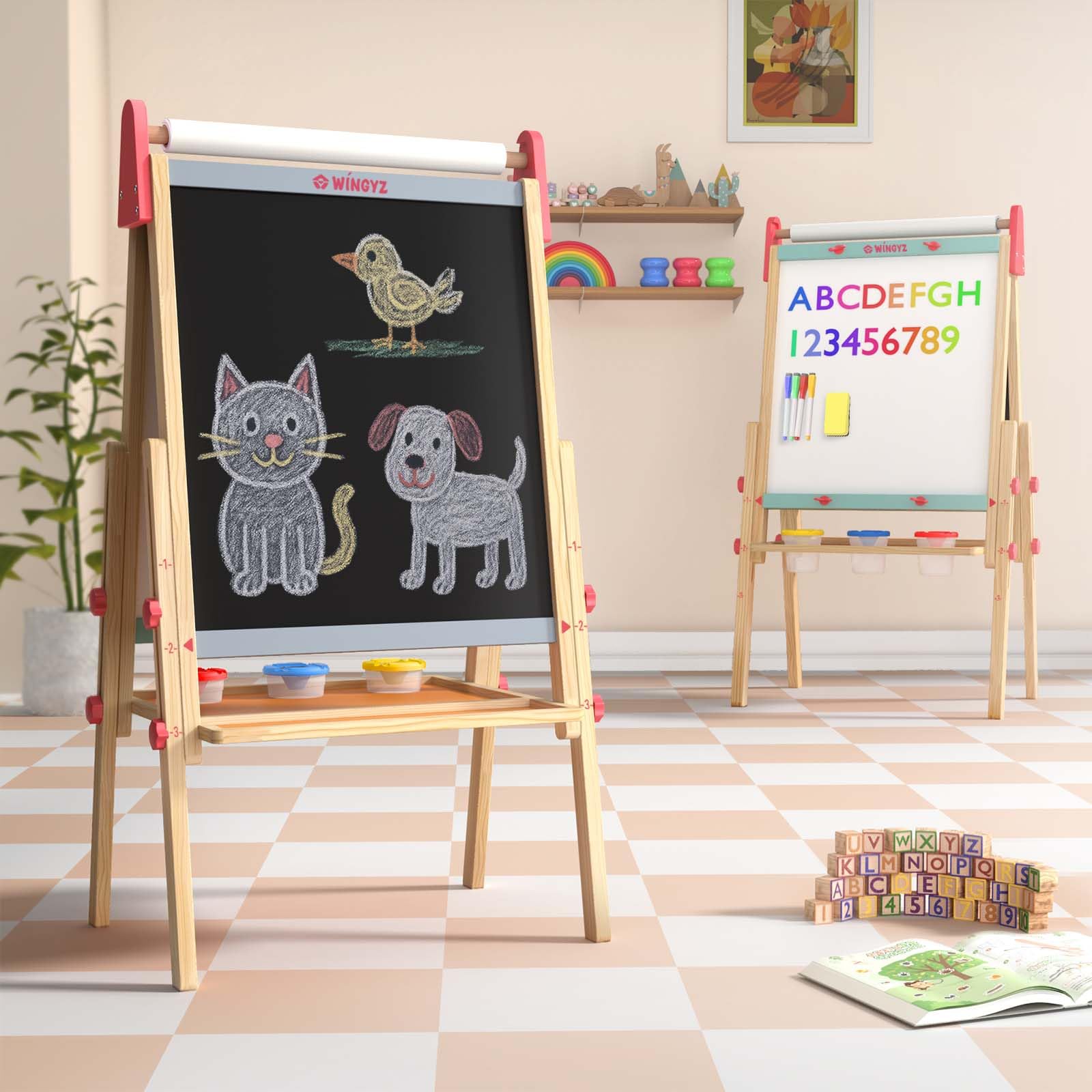Caballete para niños: caballete de arte 3 en 1 con pizarra, pizarra blanca magnética y rollo de papel de 400 pulgadas, tablero de dibujo de madera ajustable para el hogar, el aula y el aire