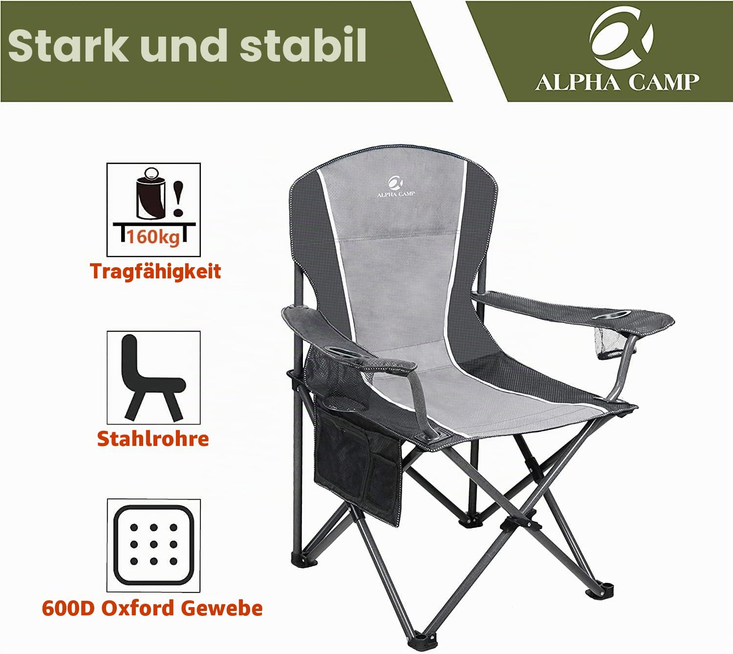 Alpha Camp Campingstuhl Faltbar, Angelstuhl Klappbar bis 160 kg