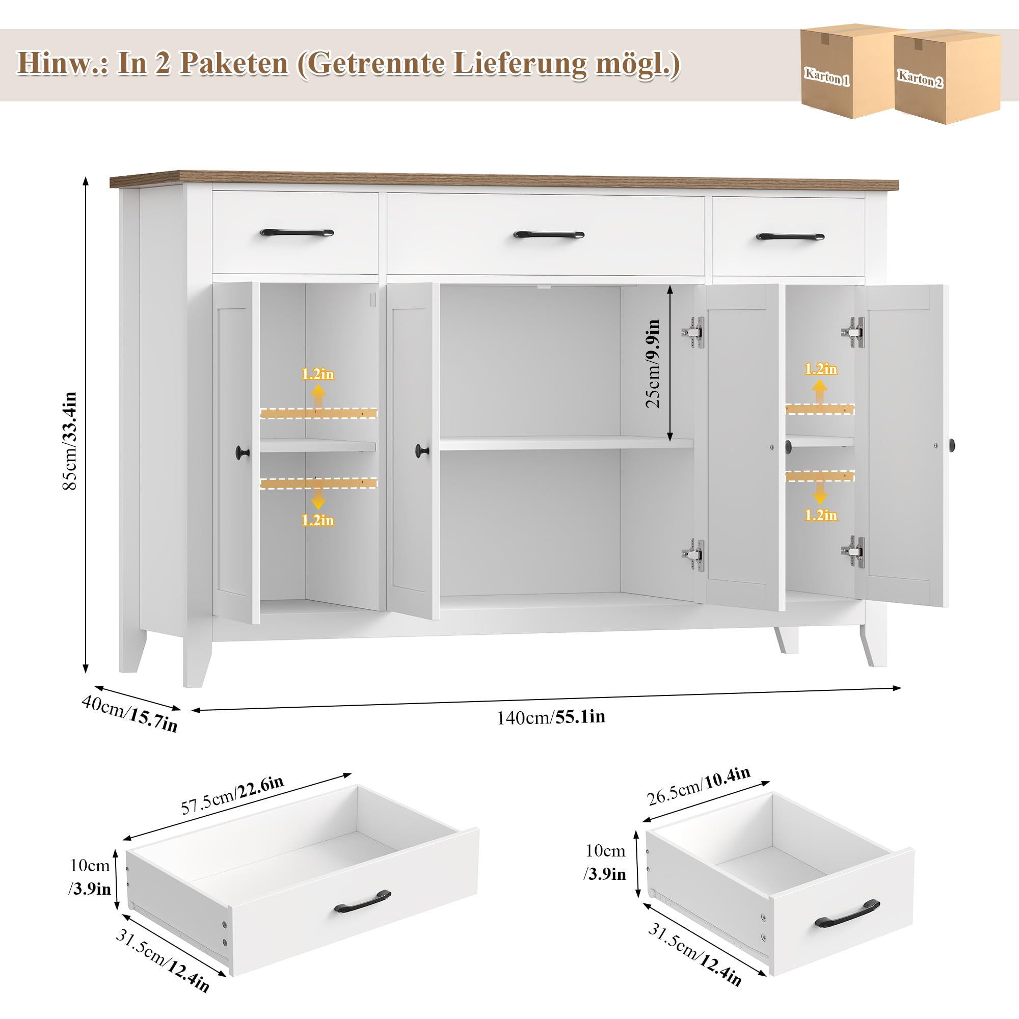 HOCSOK Küchenschrank, Sideboard mit Verstellbare Regalböden,140 cm Breit