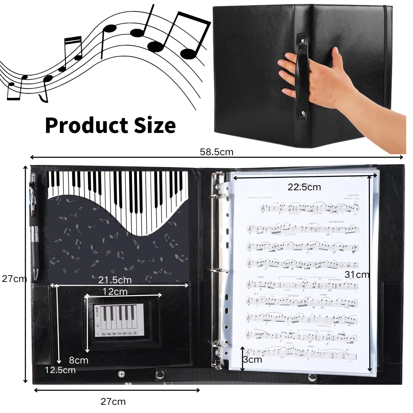 Musfunny Notenmappe für Chornoten: Chormappe Aus PU Leder mit 3 Ringen Griff Und Gummiband – Mappe A4 für Chorsänger Bands und Bühnenauftritte
