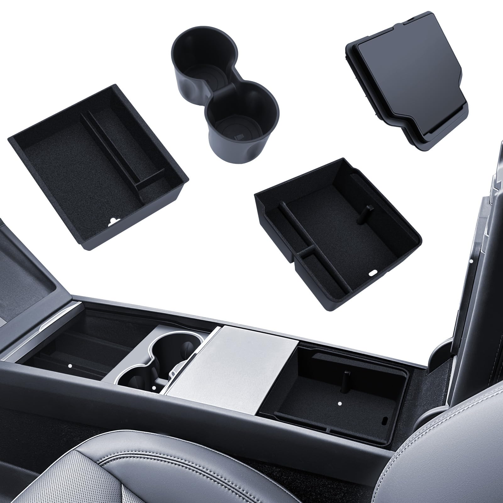 4 accesorios para Tesla Model Y 2025-2026 Juniper Organizador de consola central, caja de almacenamiento para reposabrazos, caja oculta y soporte para bebidas (flocado)