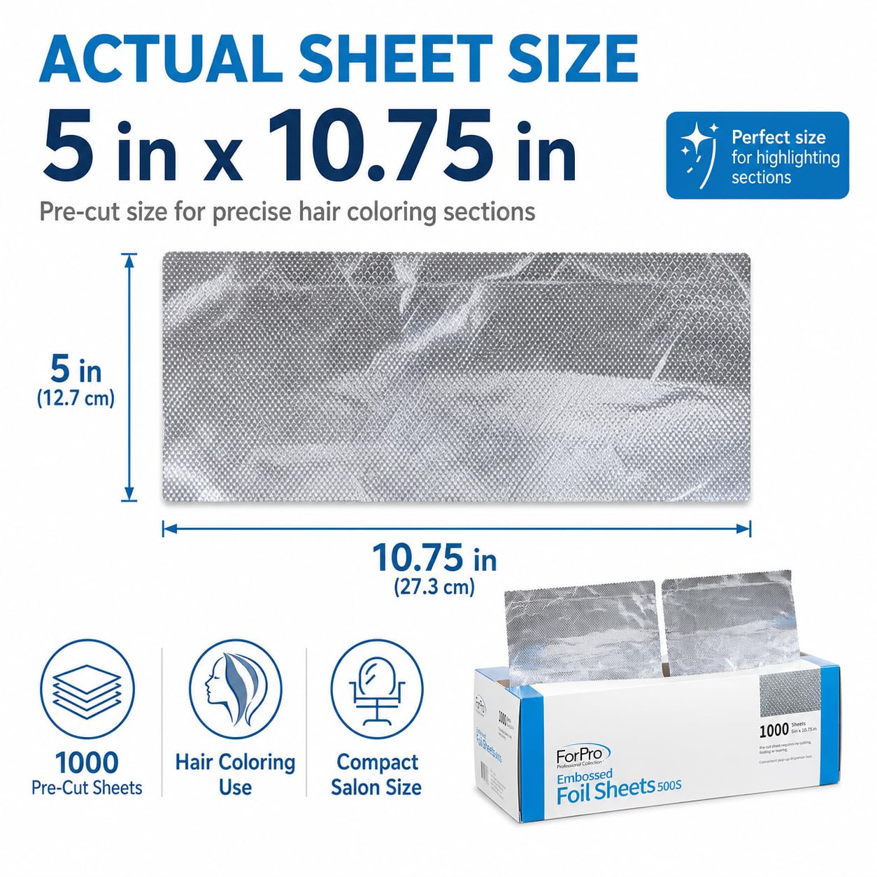 ForPro Professional Collection Hojas de aluminio en relieve 500S, papel de aluminio, dispensador de papel de aluminio emergente, láminas para el cabello para aplicación de color y servicios de