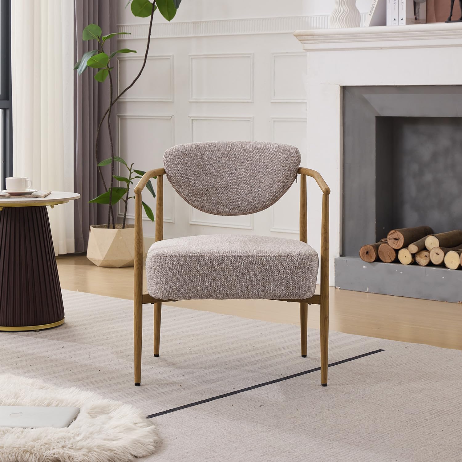 Midcentury Modern Bedroom Chairs, Blue Accent Chair, Cozy Dining Room Armchair, Metal Frame with Water Transfer Pringting for Living Room, Bedroom, Balcony (Beige)