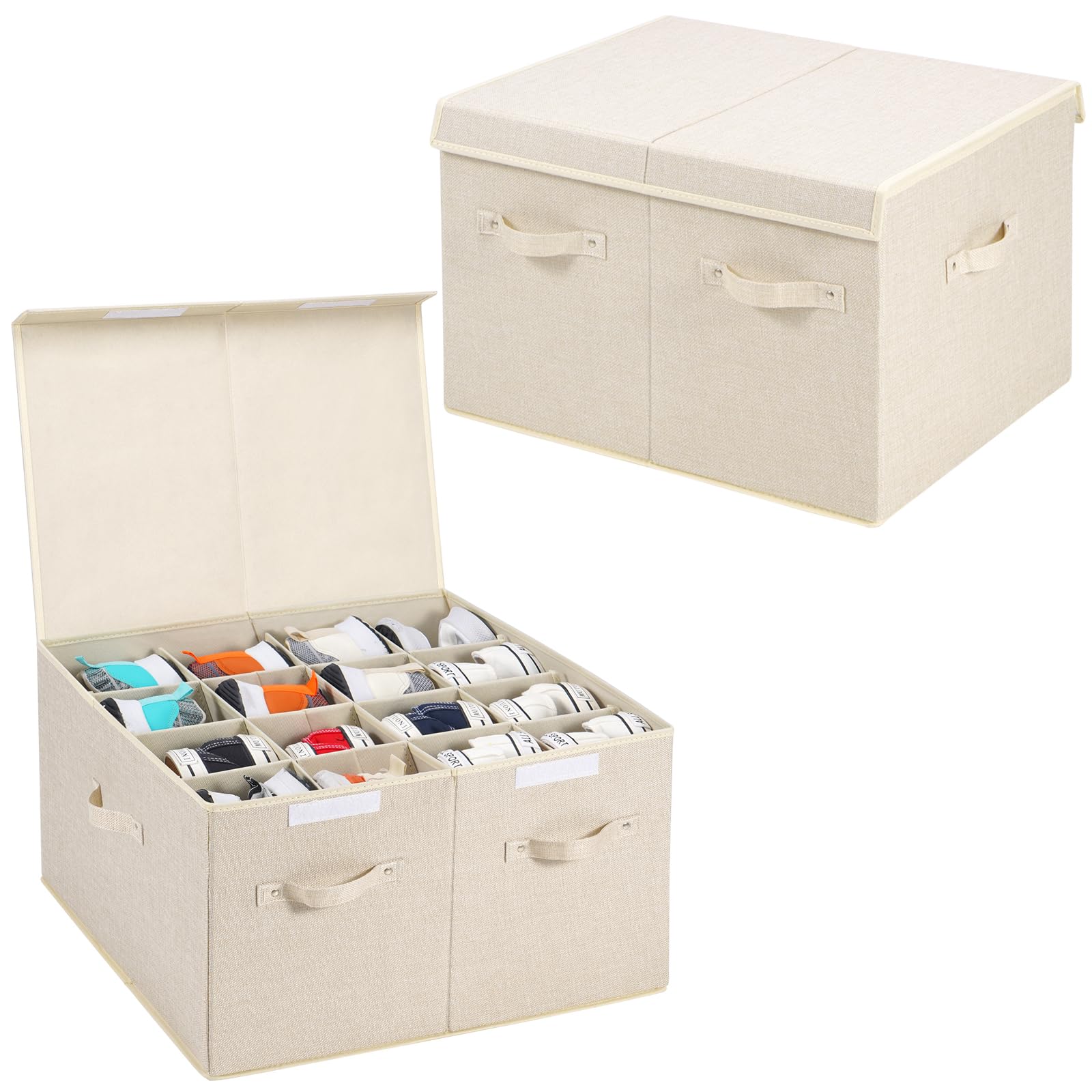 2 Pack Shoe Storage Organizer for Closet Fits 32 Pairs, Large Shoe Storage Box Bins with Adjustable Dividers and Lid for Sandals, Sneakers and High Heeled, Stackable and Foldable (Cream)