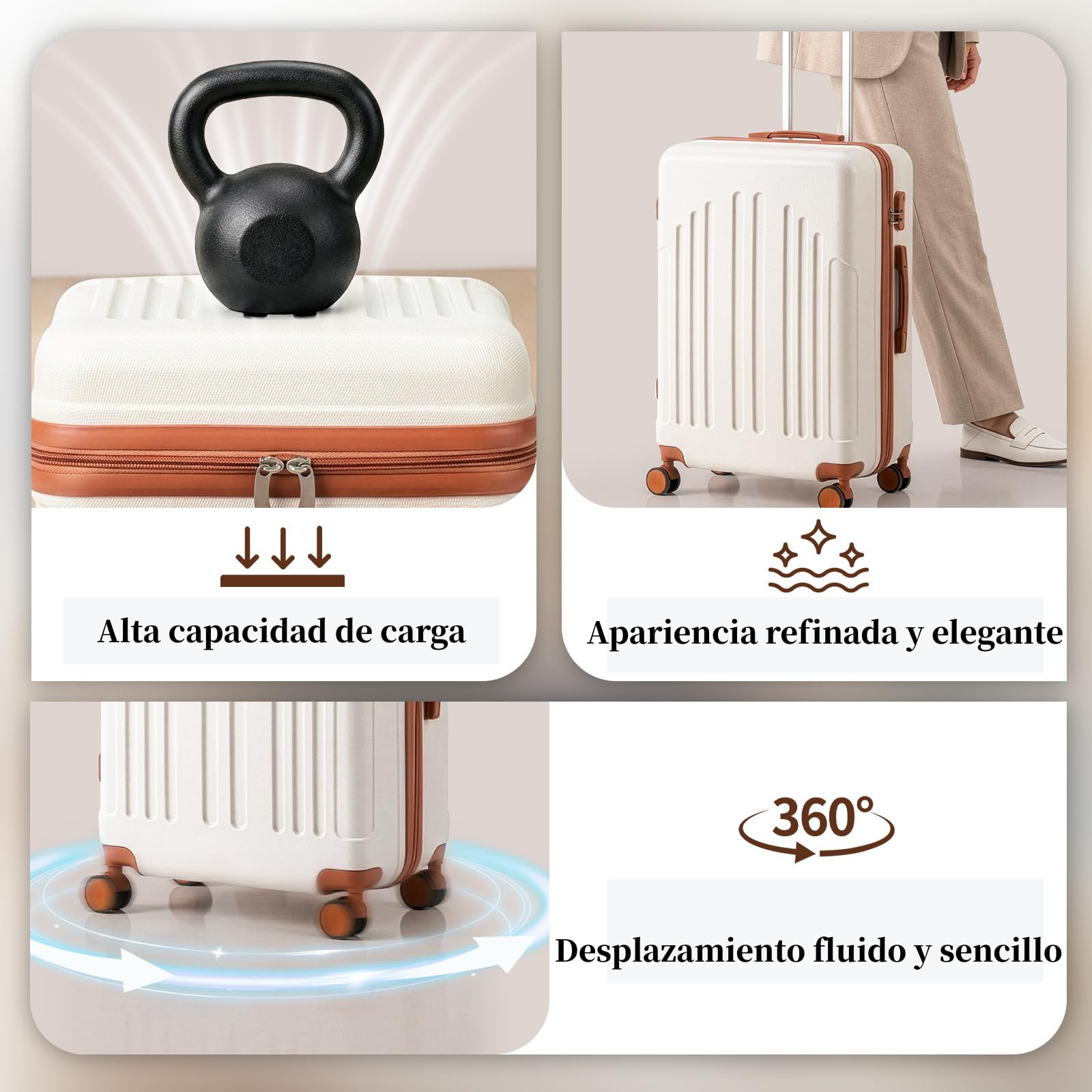 LEADZM Juego de Maletas de 5 Piezas con Neceser (Beige-Marrón) | Maletas de Viaje Grandes 23 Kilos, Maleta Cabina, Mediana, Maleta de Viaje