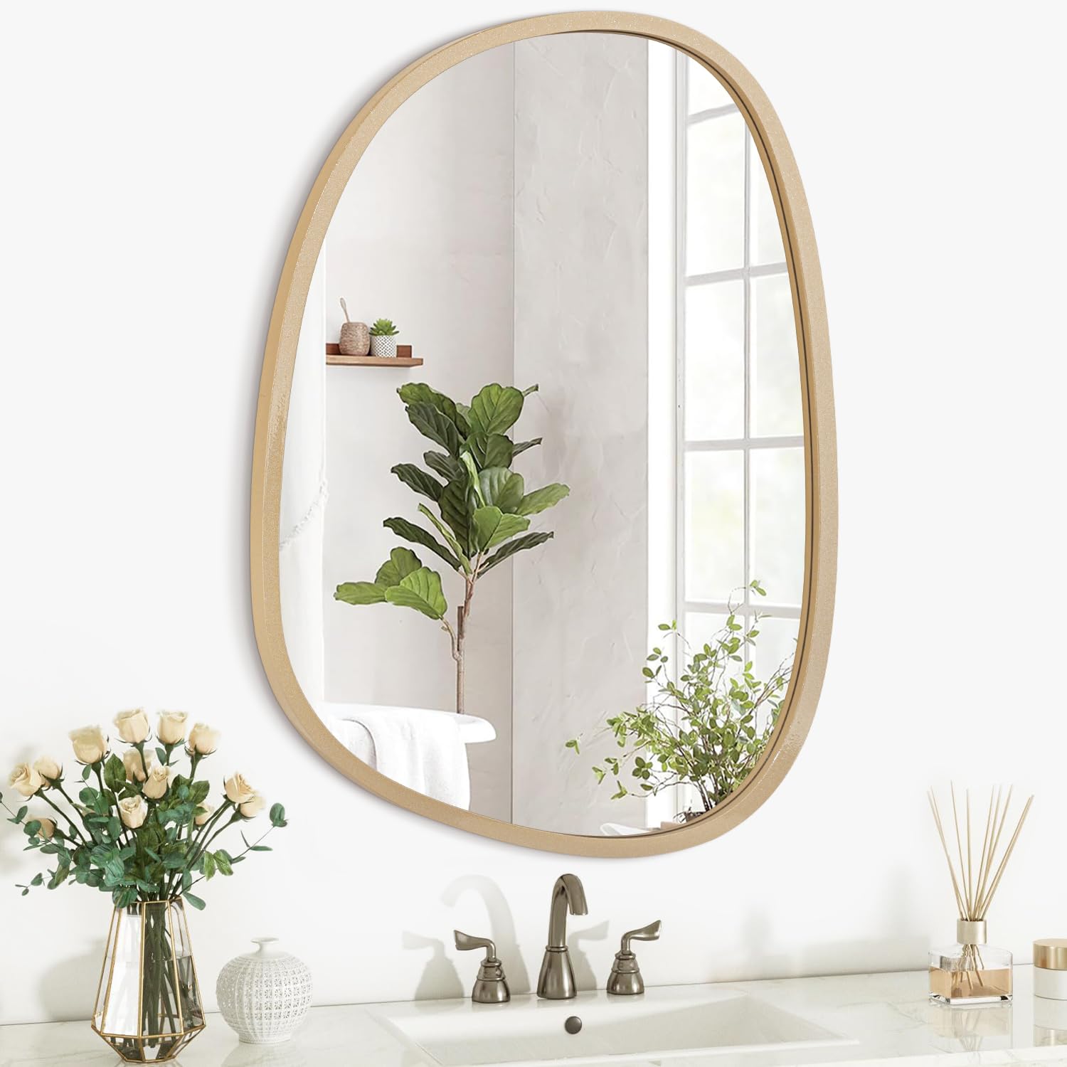 Espejo de pared irregular dorado – Espejo pequeño asimétrico moderno, marco de madera, decorativo para sala de estar, dormitorio, baño, entrada