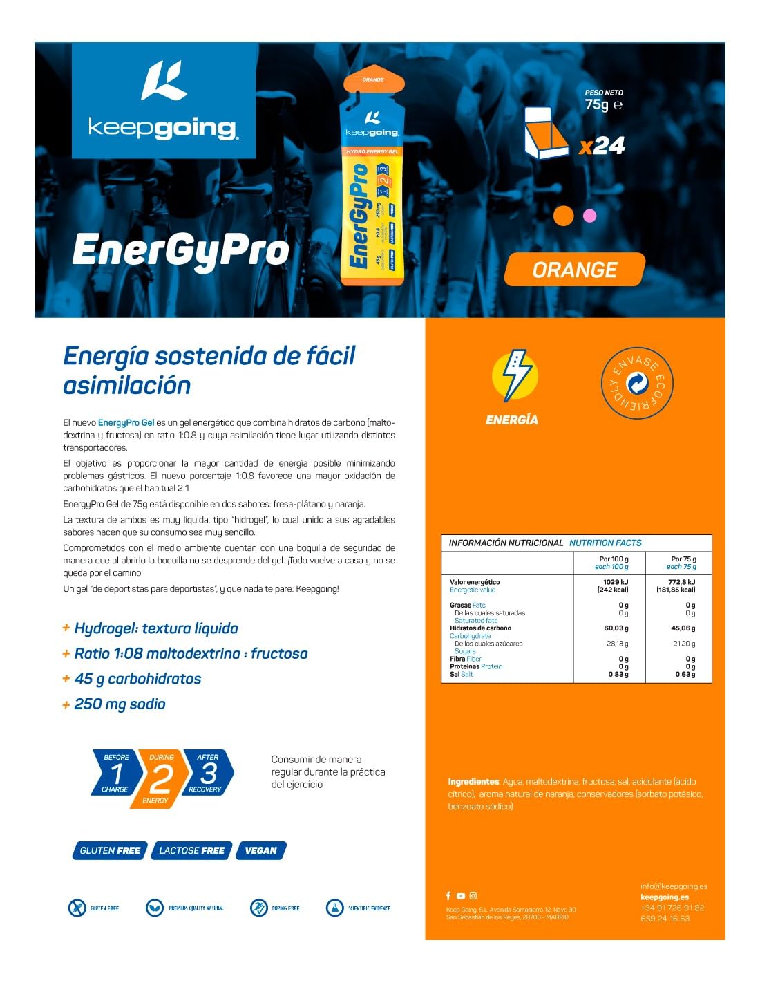 Keepgoing Gel Energético EnergyPro Sabor Naranja 12 uds x 75g | Energy Gel Ciclismo y Running | Ratio 1:0,8 Maltodextrina: Fructosa